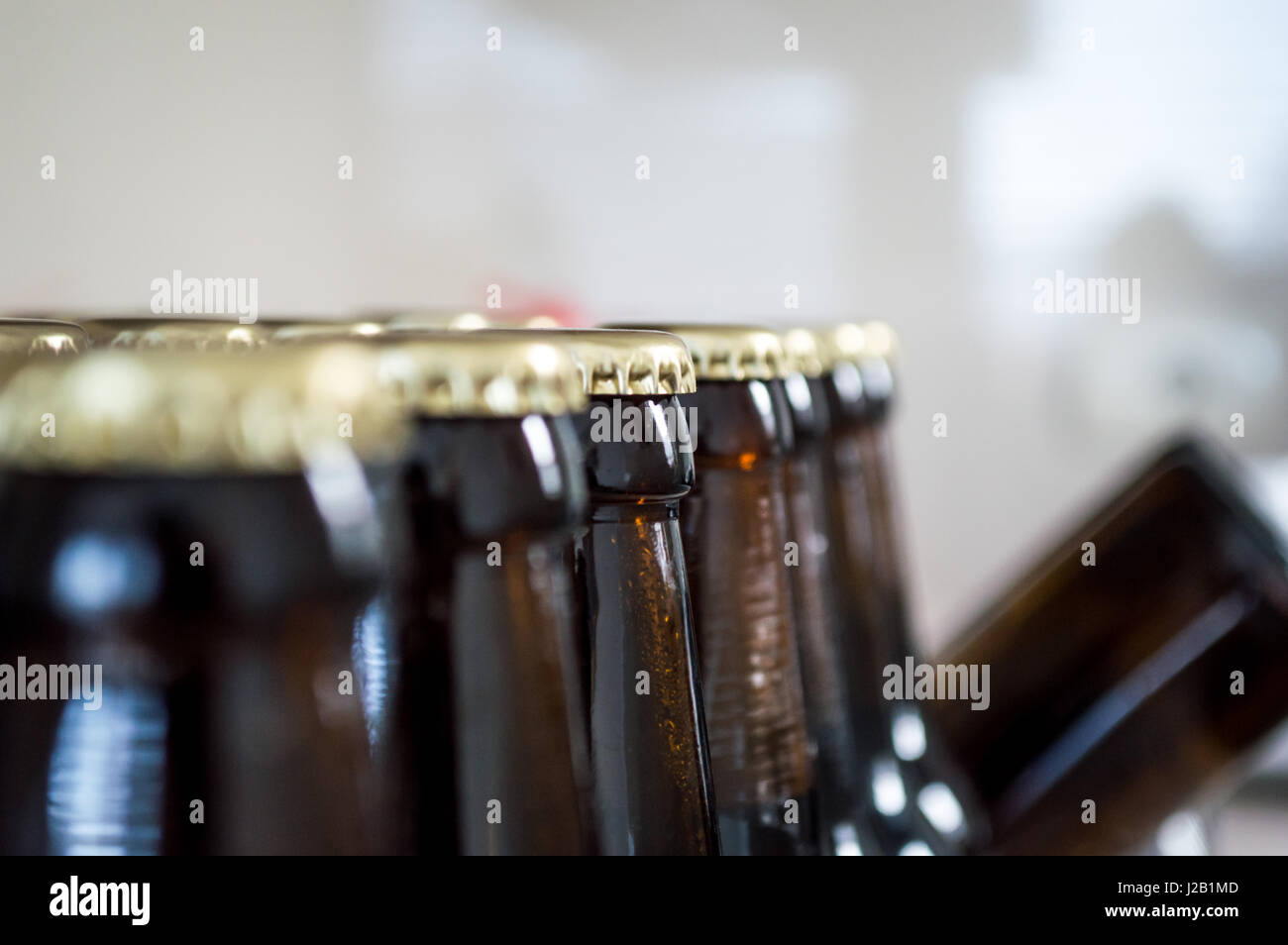 Beer Bottle Caps/Necks in a Row Close Up Stock Photo