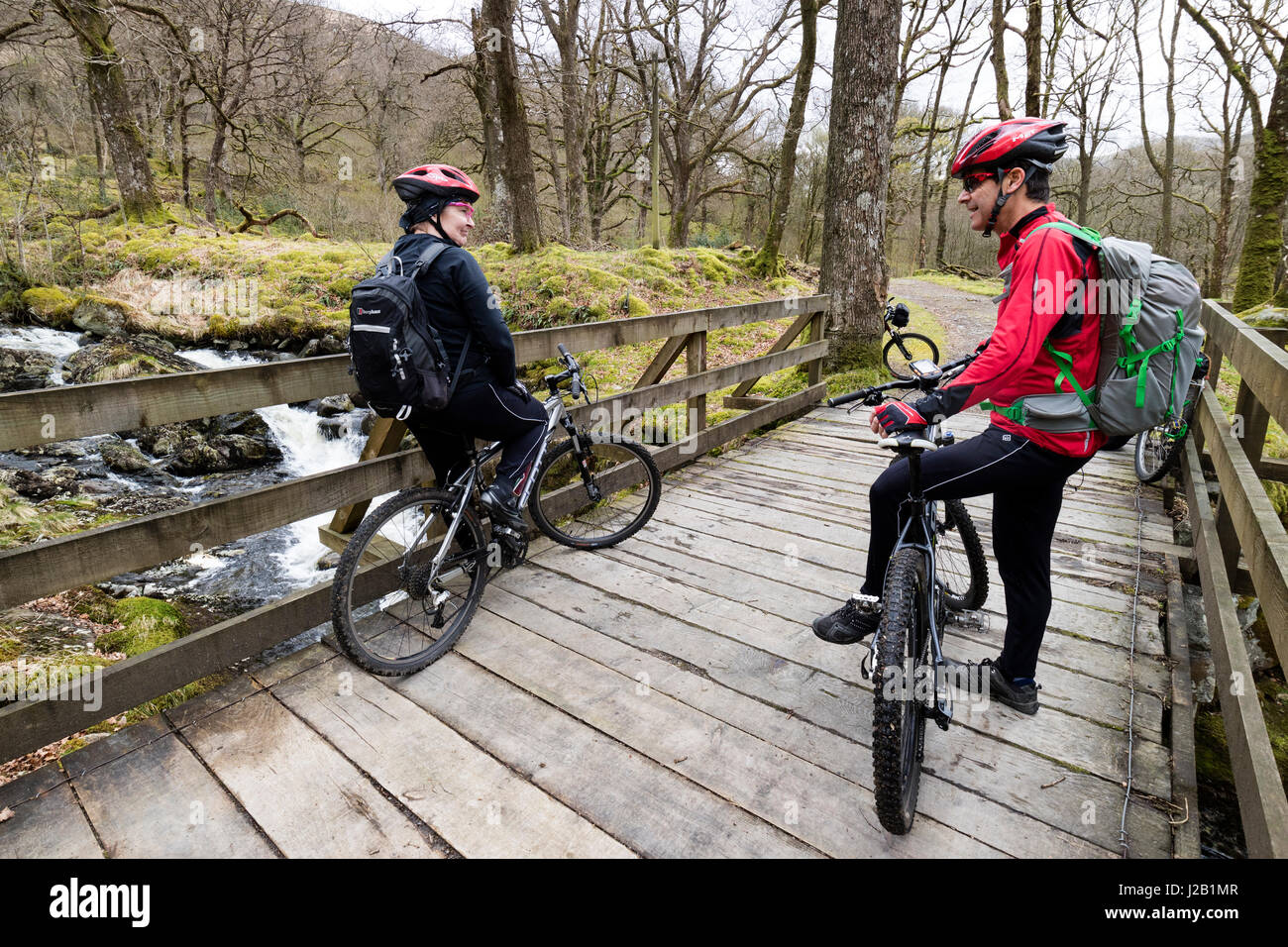 Two Mountain Bikers Taking a Break on the National Cycle Route 7 in Glen Trool, Galloway Hills, Scotland. Stock Photo