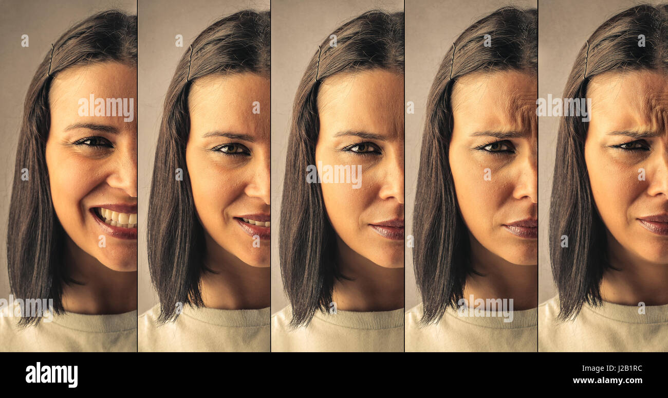 Collage of woman from being happy to sad Stock Photo