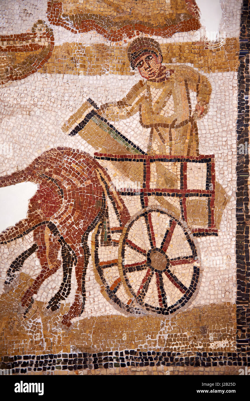 Worker with a column on a horse cart, a detail from an early seventh Century Christian  Byzantine commemoration mosaic from the baptistery of a r Stock Photo