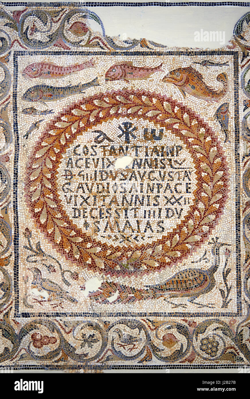 Detail of a fifth century AD Roman Christian funerary mosaic of two