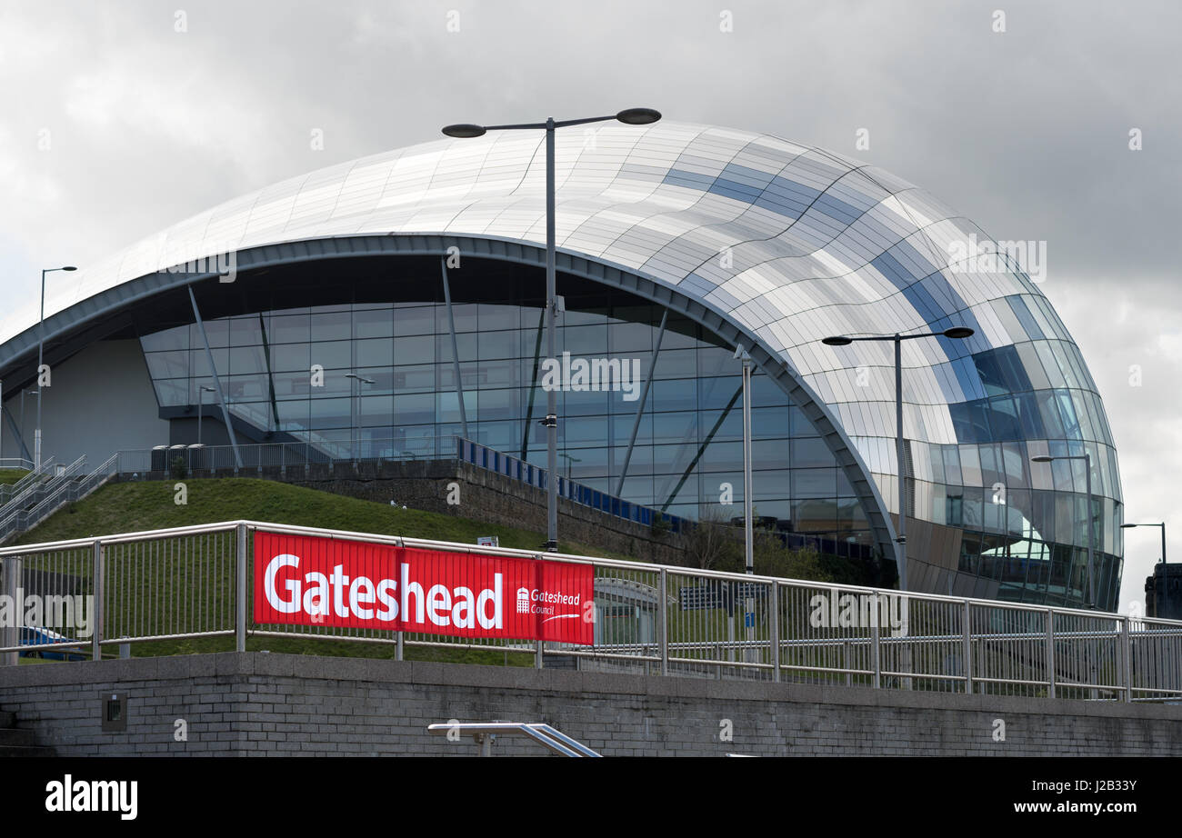 Gateshead Council banner in front of the Sage concert hall, north east England, UK Stock Photo