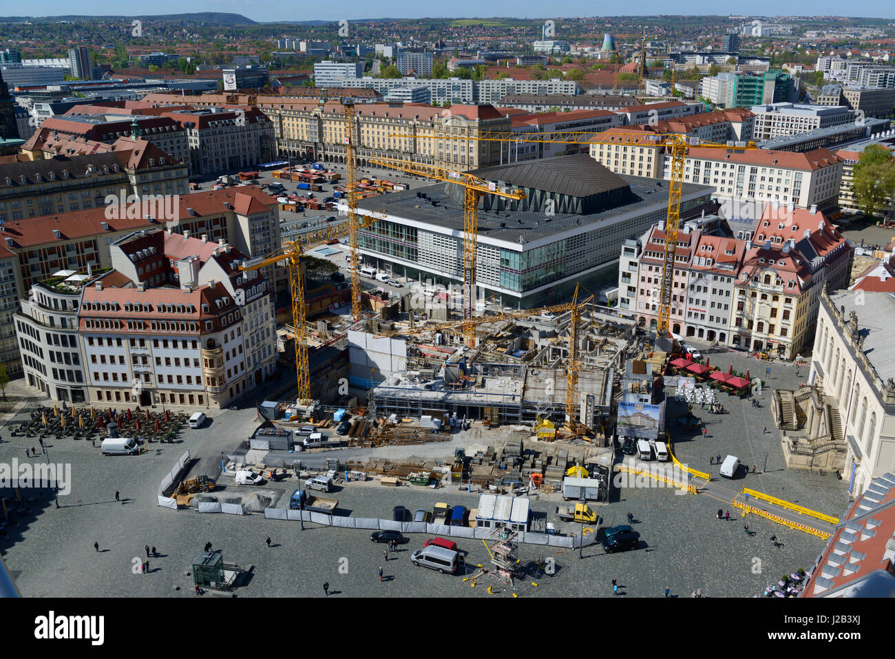 Aerial view of Dresden from the top of the reconstructed Frauenkirche in Dresden, Saxony, Germany. Reconstruction on the Neumarkt. Stock Photo
