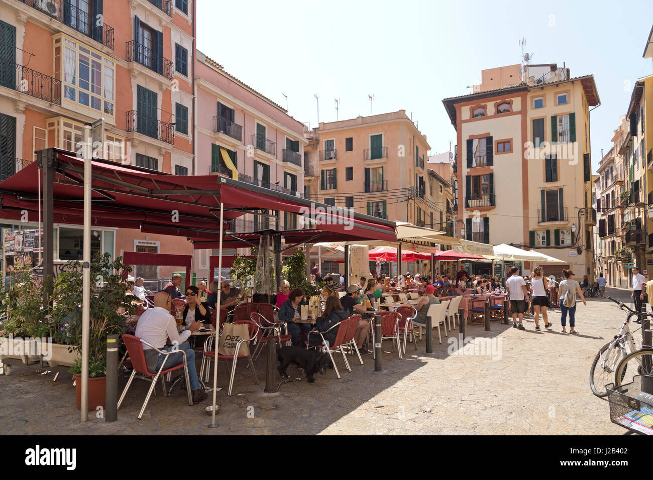 pavement cafés at Placa d´en Coll in Palma de Mallorca, Spain Stock Photo