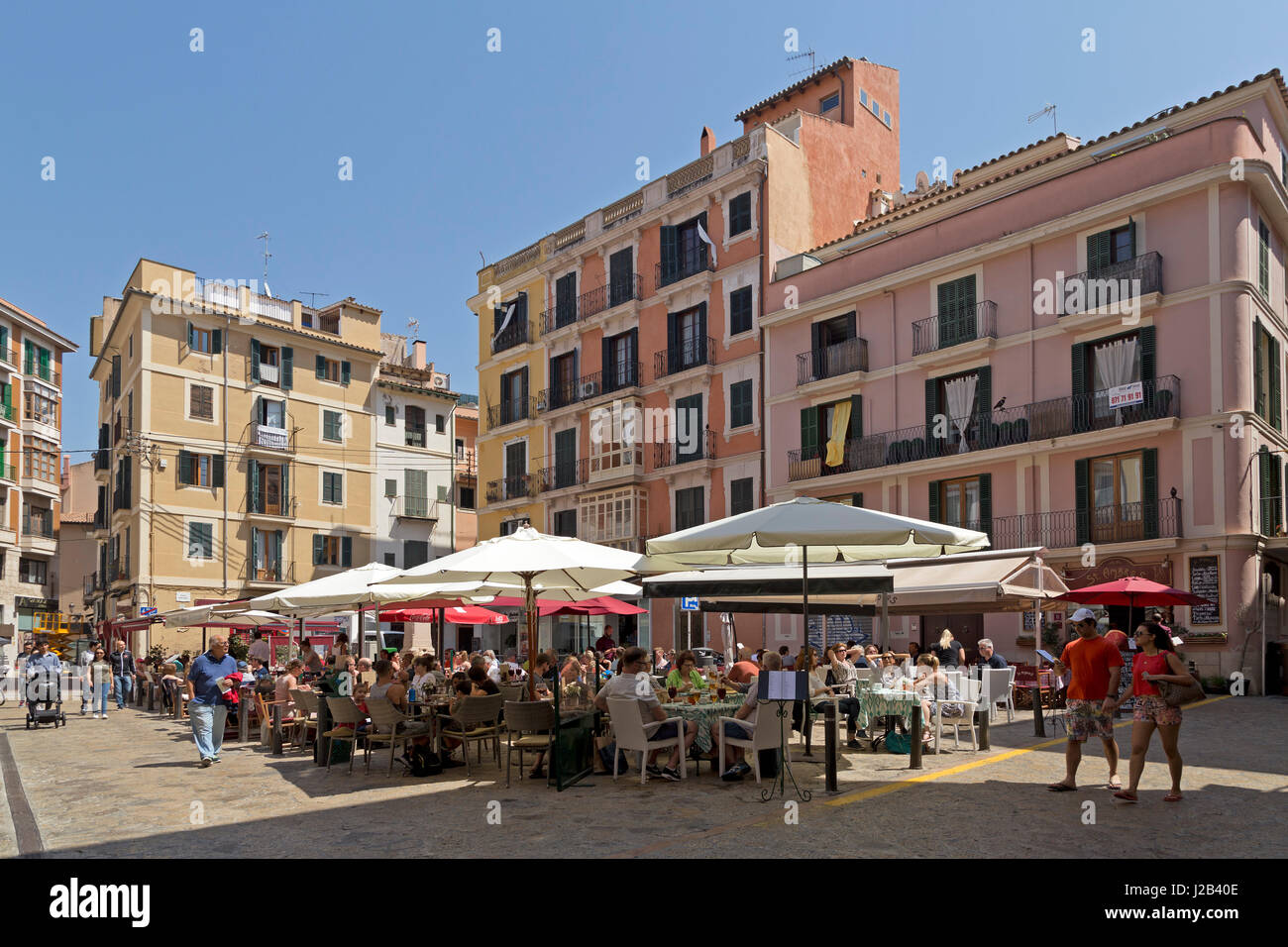 pavement cafés at Placa d´en Coll in Palma de Mallorca, Spain Stock Photo