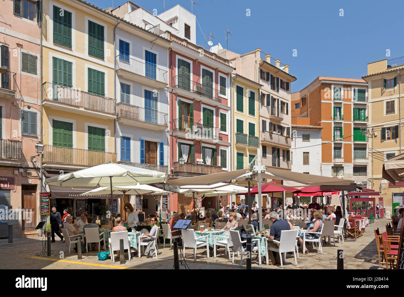 pavement cafés at Placa d´en Coll in Palma de Mallorca, Spain Stock Photo