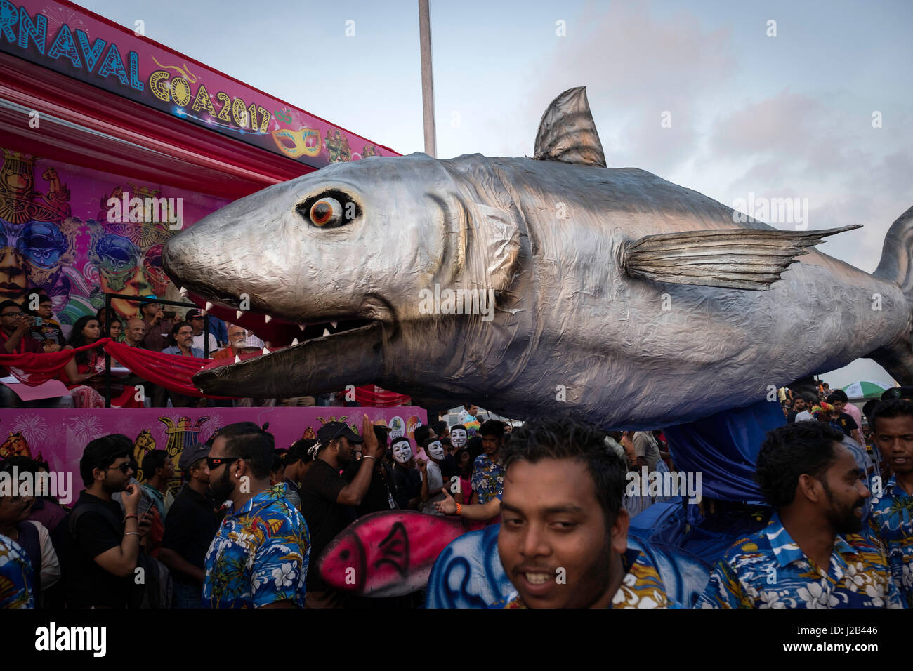 A float with a huge fish takes part in the carnival parade Stock Photo