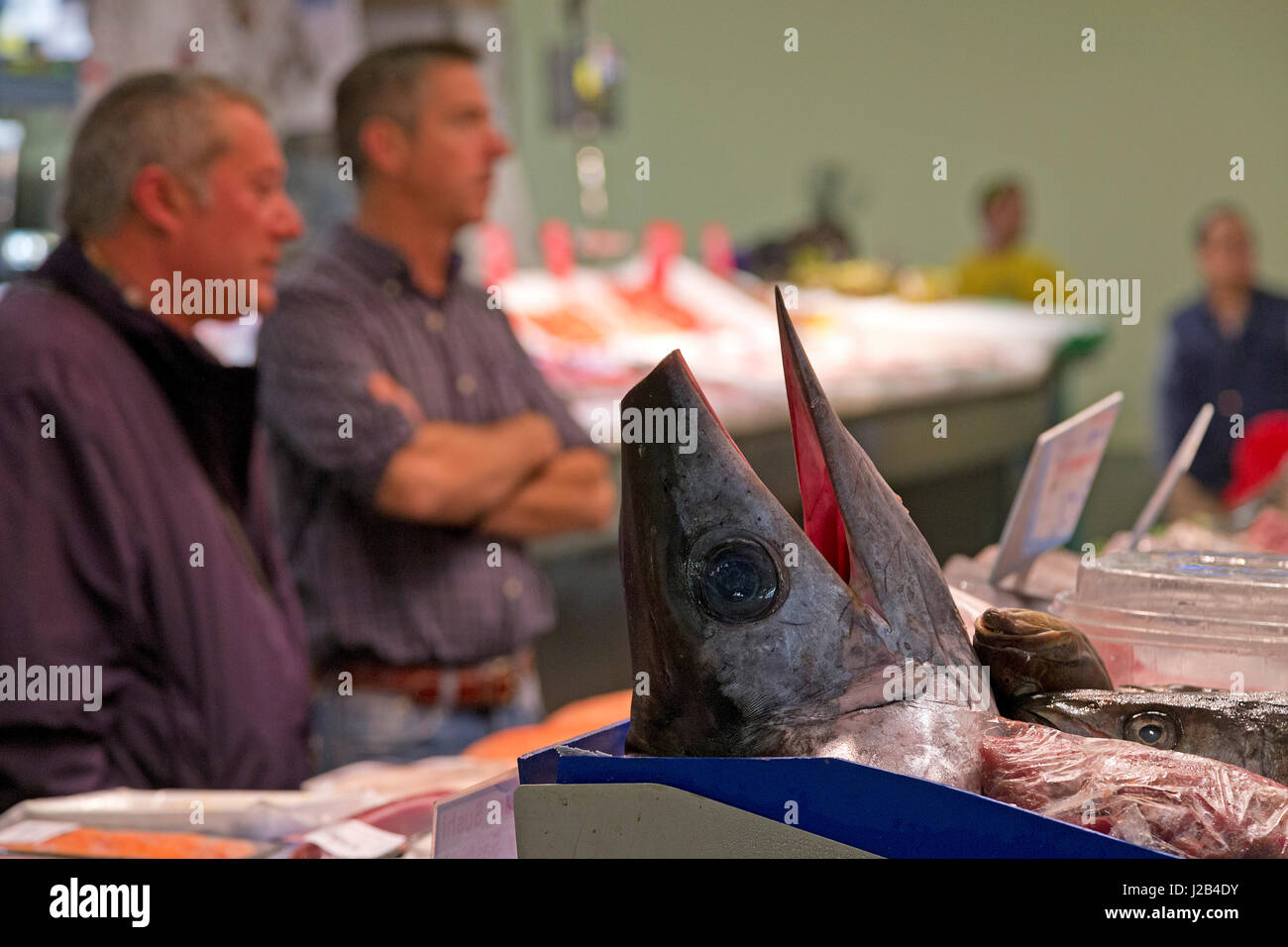 fish stall at Mercat de l´Olivar in Palma de Mallorca, Spain Stock Photo