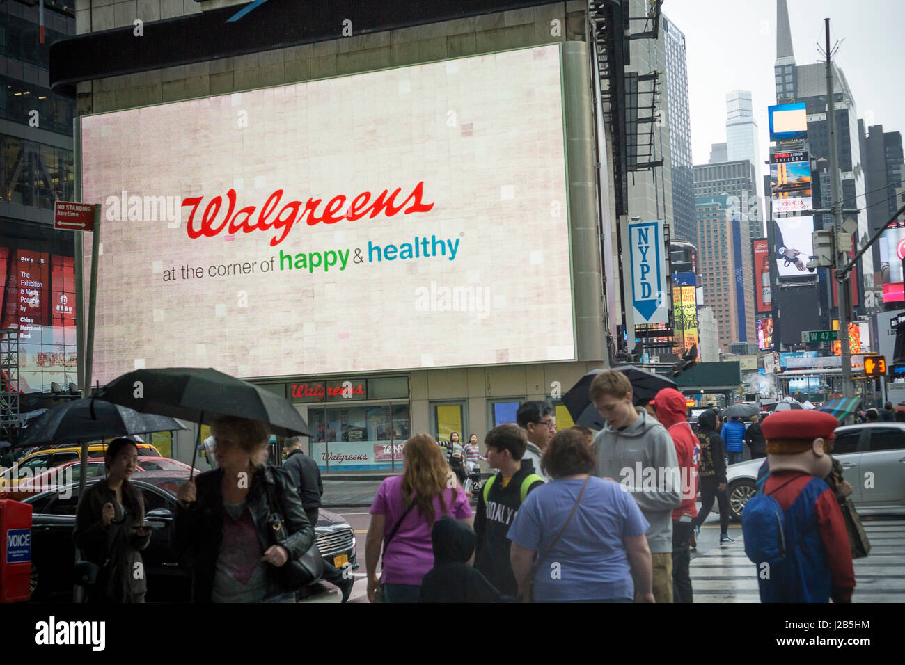 The Walgreens drug store at One Times Square in New York is seen on Saturday, April 22, 2017. The Federal Trade Commission is considering fling a lawsuit to block the Walgreens Boots Alliance-Rite Aid acquisition.  (© Richard B. Levine) Stock Photo
