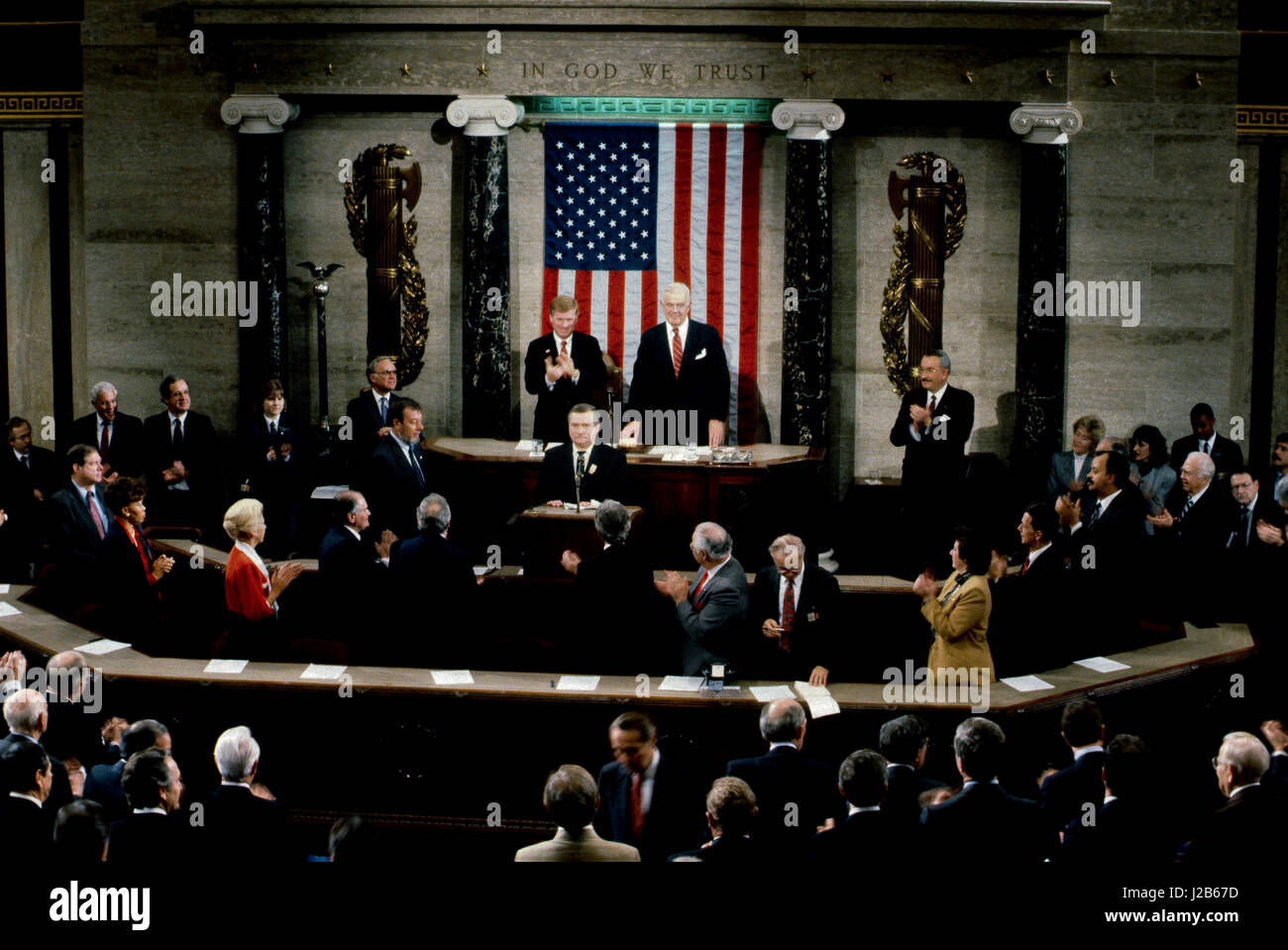 Polish Solidarity leader and Nobel Peace Prize winner Lech Walesa addresses a joint session of the US Congress in Washington DC., November 15, 1989.  Photo by Mark Reinstein Stock Photo