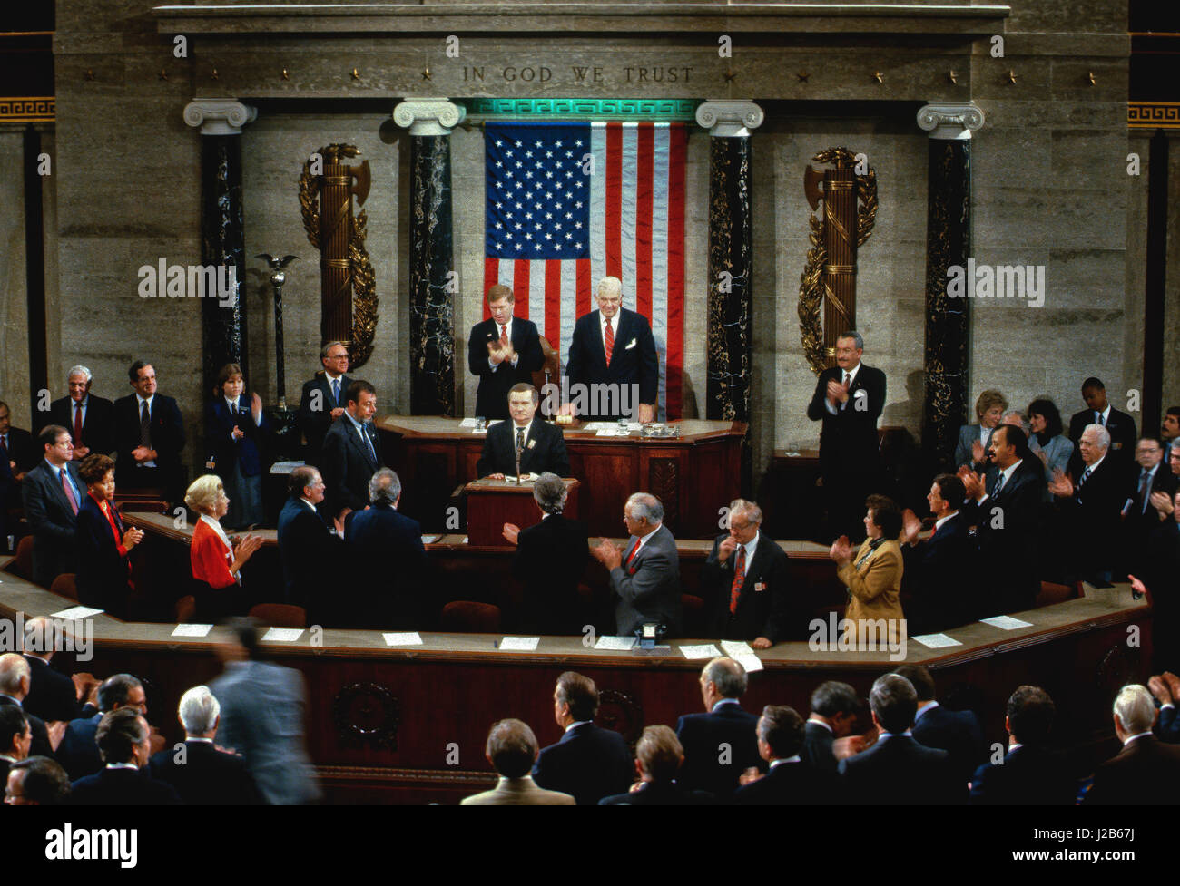 Polish Solidarity leader and Nobel Peace Prize winner Lech Walesa addresses a joint session of the US Congress in Washington DC., November 15, 1989.  Photo by Mark Reinstein Stock Photo