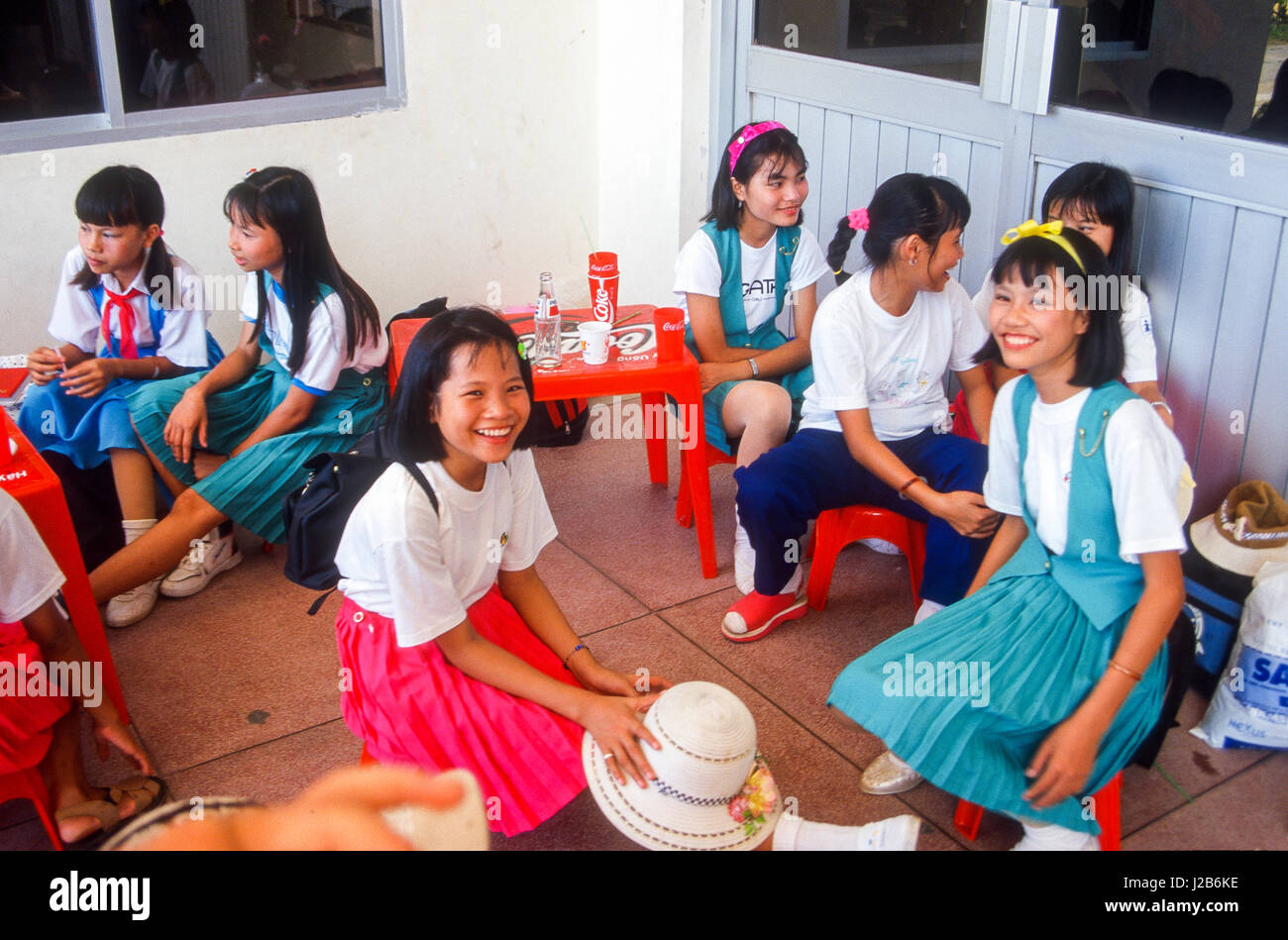 Vietnam, Danang.  Young Pioneers unwind after a stage performance Stock Photo