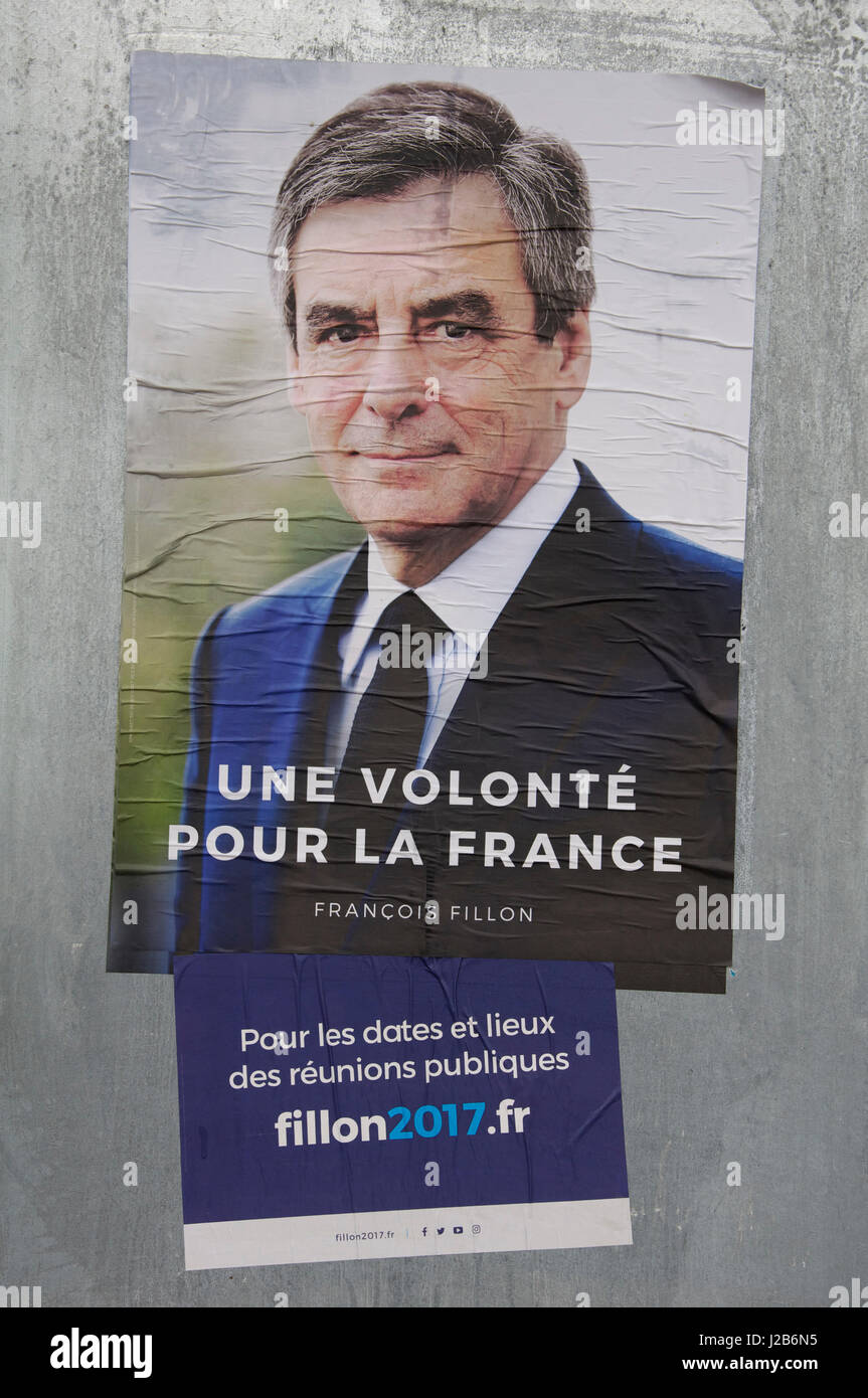 French Presidential Elections 2017. Campaign poster for François Fillon, the French Republican Party candidate and a former Prime Minister of France. Stock Photo