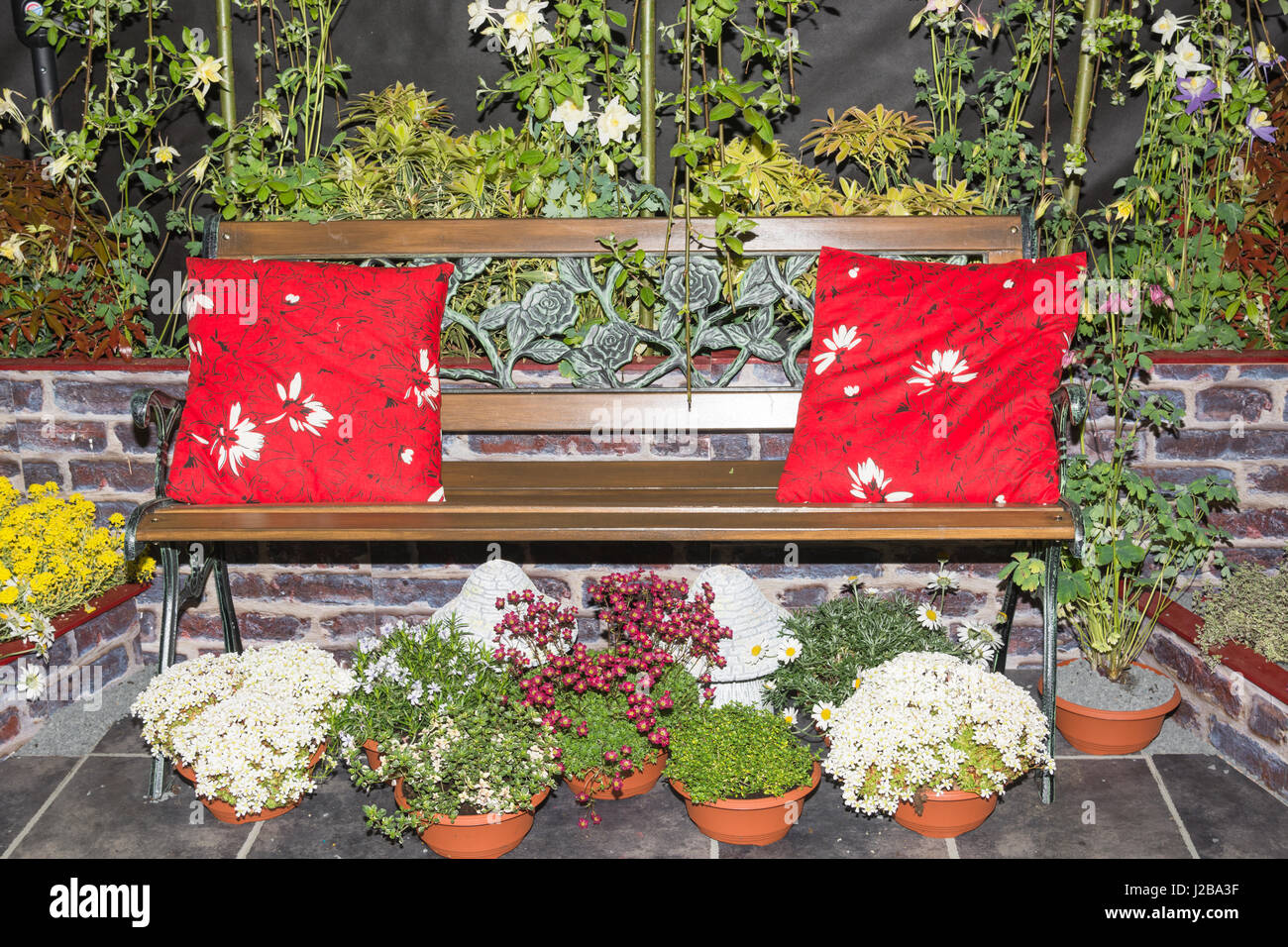 Pot plants around a garden bench Stock Photo Alamy