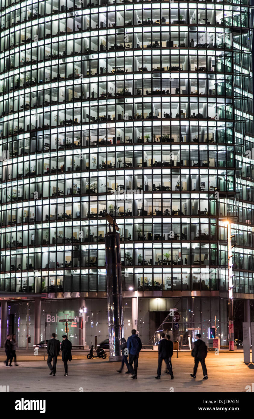 Berlin, Germany, headquarter of Deutsche Bahn AG, Germany railway company, at night, skyscraper, at Potsdamer Platz, square, Stock Photo