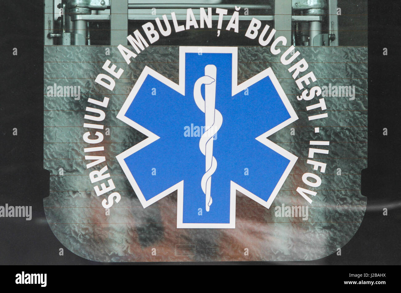 BUCHAREST, ROMANIA, June 4, 2016: Bucharest ambulance service sign. Stock Photo