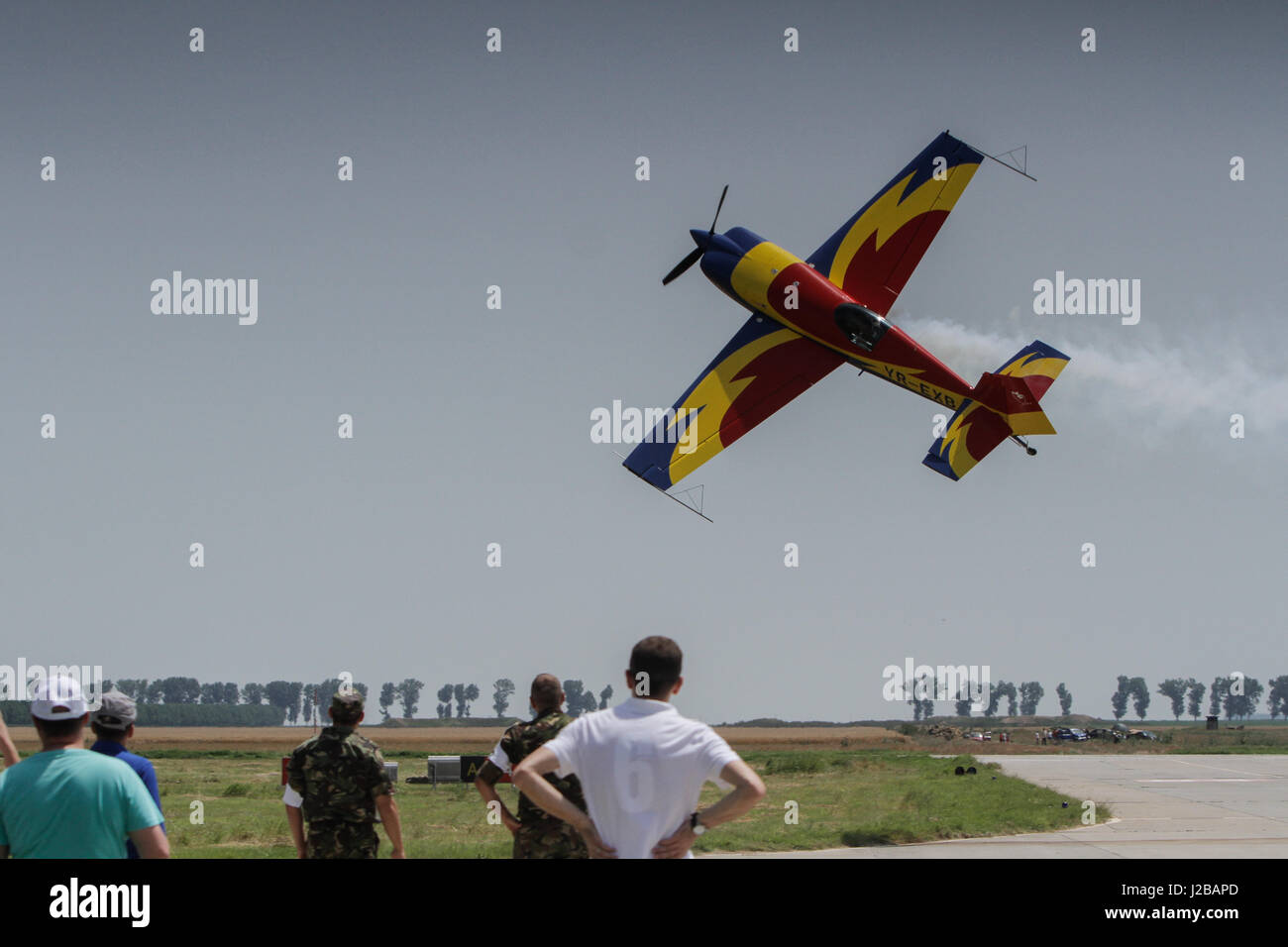 BUZAU, ROMANIA, June 18, 2016: Hawks of Romania, the Aerobatic Display Team of Romanian AeroClub perform in the BOBAS air show, on the Boboc aerodrome Stock Photo