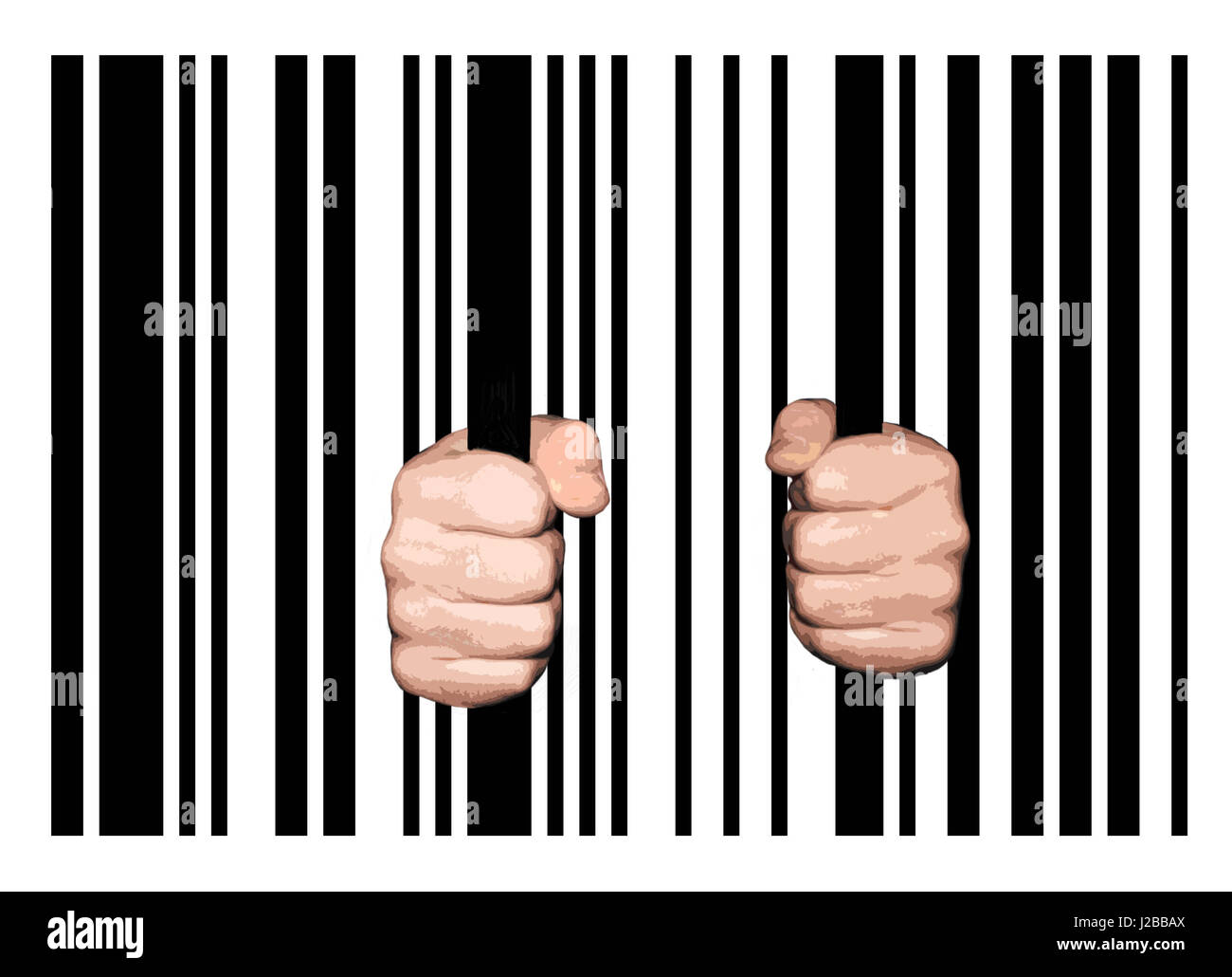 Hands holding barcode stripes as Jail Bars, 3d illustration Stock Photo