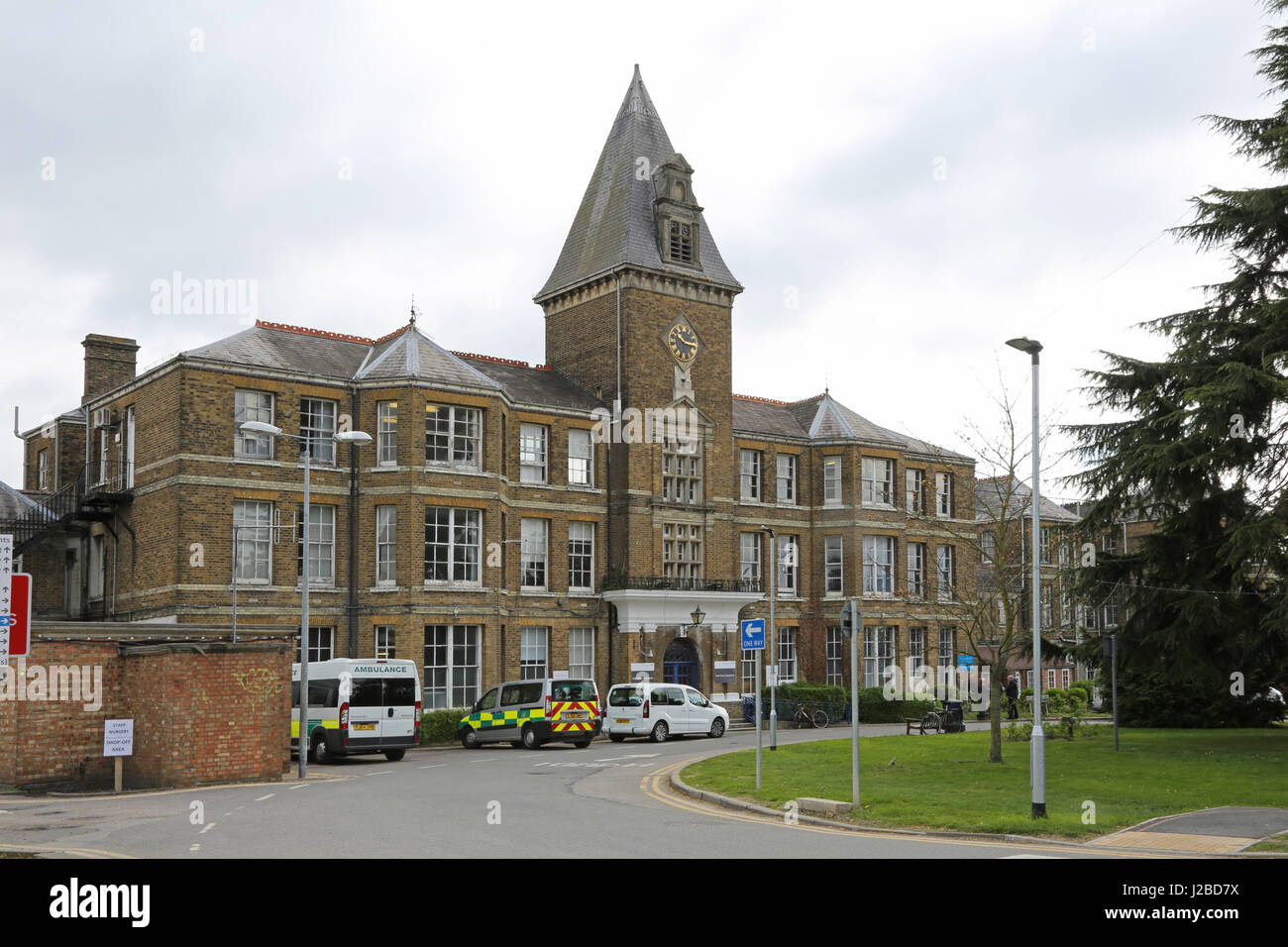 Main entrance to Chase Farm Hospital in Enfield, north London, UK. This original Victorian structure has been largely replaced by new buildings. Stock Photo