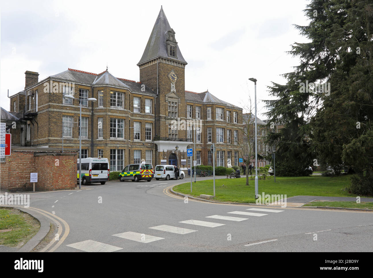 Main entrance to Chase Farm Hospital in Enfield, north London, UK. This original Victorian structure has been largely replaced by new buildings. Stock Photo