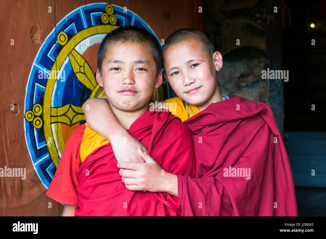Very young, happy, Buddhist monks, Chimi Lhakhang, Bhutan Stock Photo