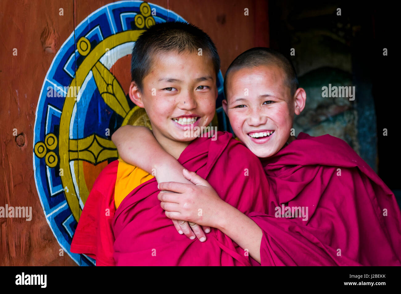 Very young, happy, Buddhist monks, Chimi Lhakhang, Bhutan Stock Photo