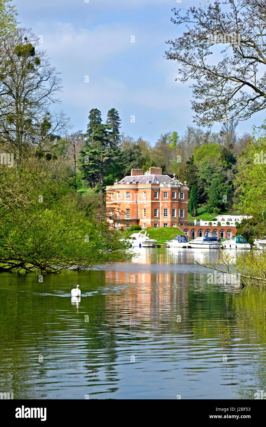 Harleyford Manor Thames riverside manor house seen across the river framed by trees reflections and swan in foreground spring sunshine Stock Photo