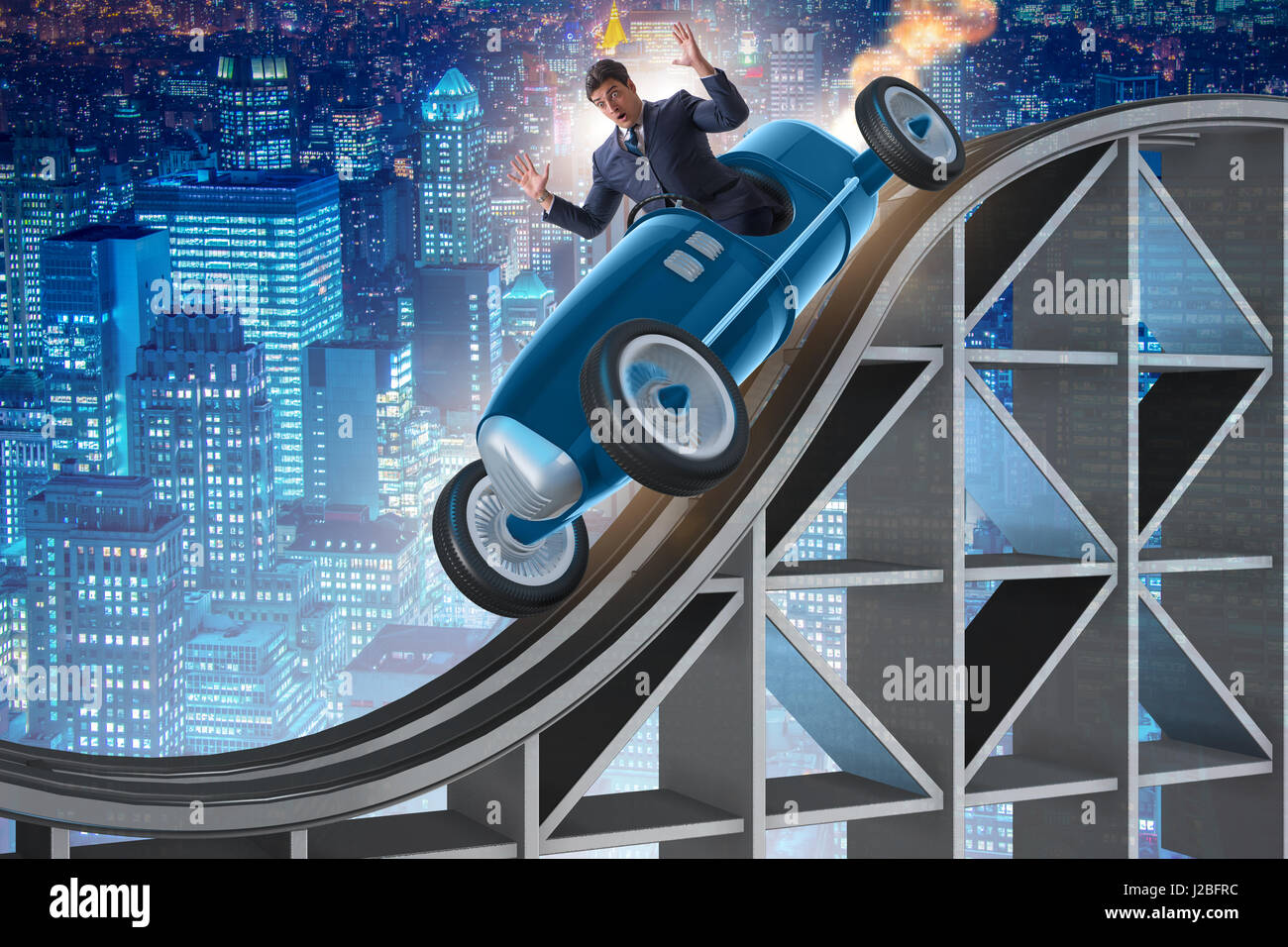 Businessman driving sports car on roller coaster Stock Photo Alamy