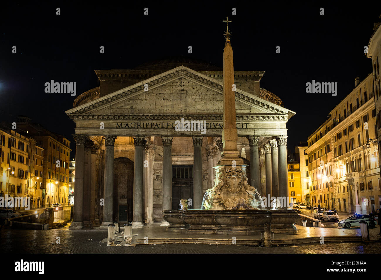 Pantheon at night with fountain. It is one of the best-preserved Ancient Roman buildings in Rome, Italy. Stock Photo