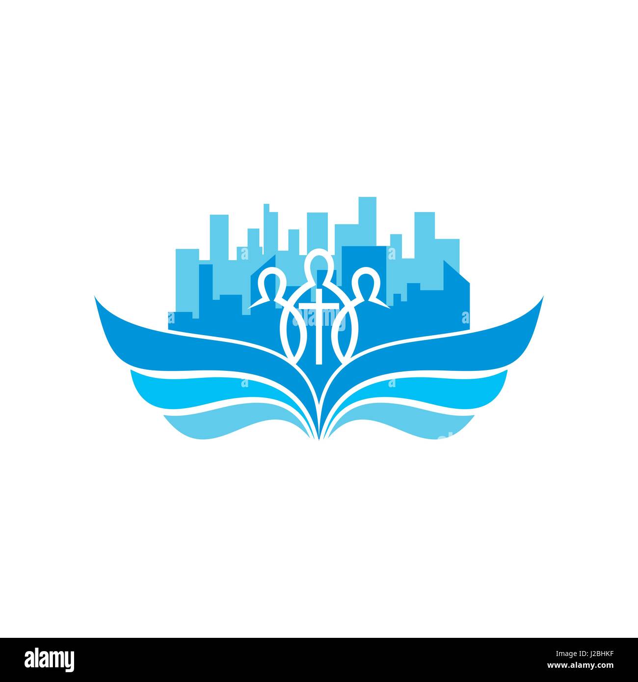 Church logo. Unity in Christ, wings, city, the cross of Jesus Stock