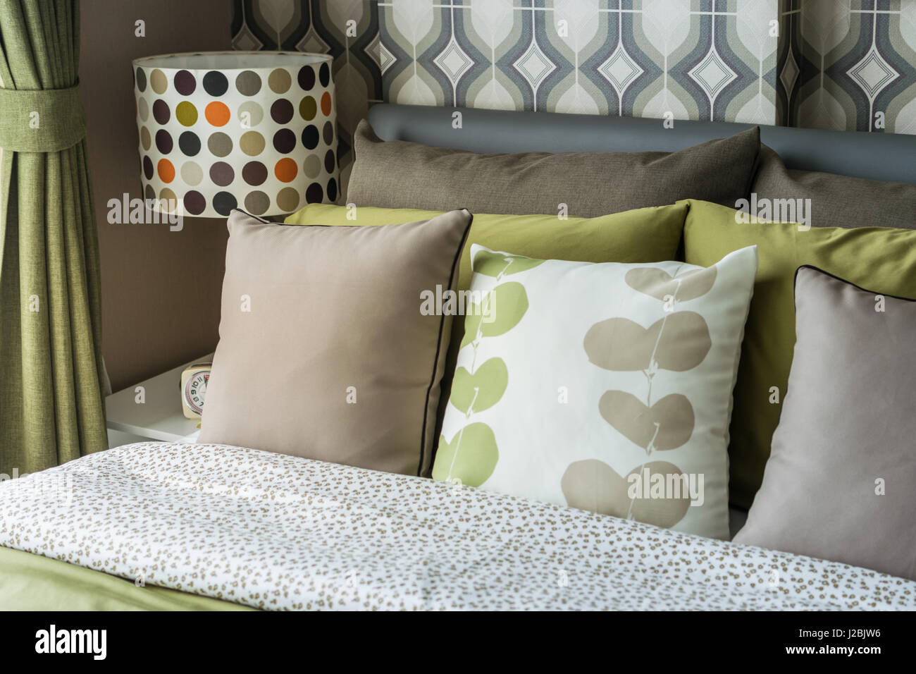 retro bedroom style with colorful pillow on bed Stock Photo Alamy