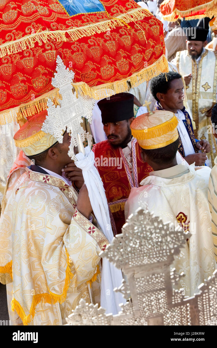 Priests carrying Ark of the Covenant replica's, procession of Timket (celebration of Epiphany, Christian Orthodox Church) Addis Ababa, Ethiopia Stock Photo