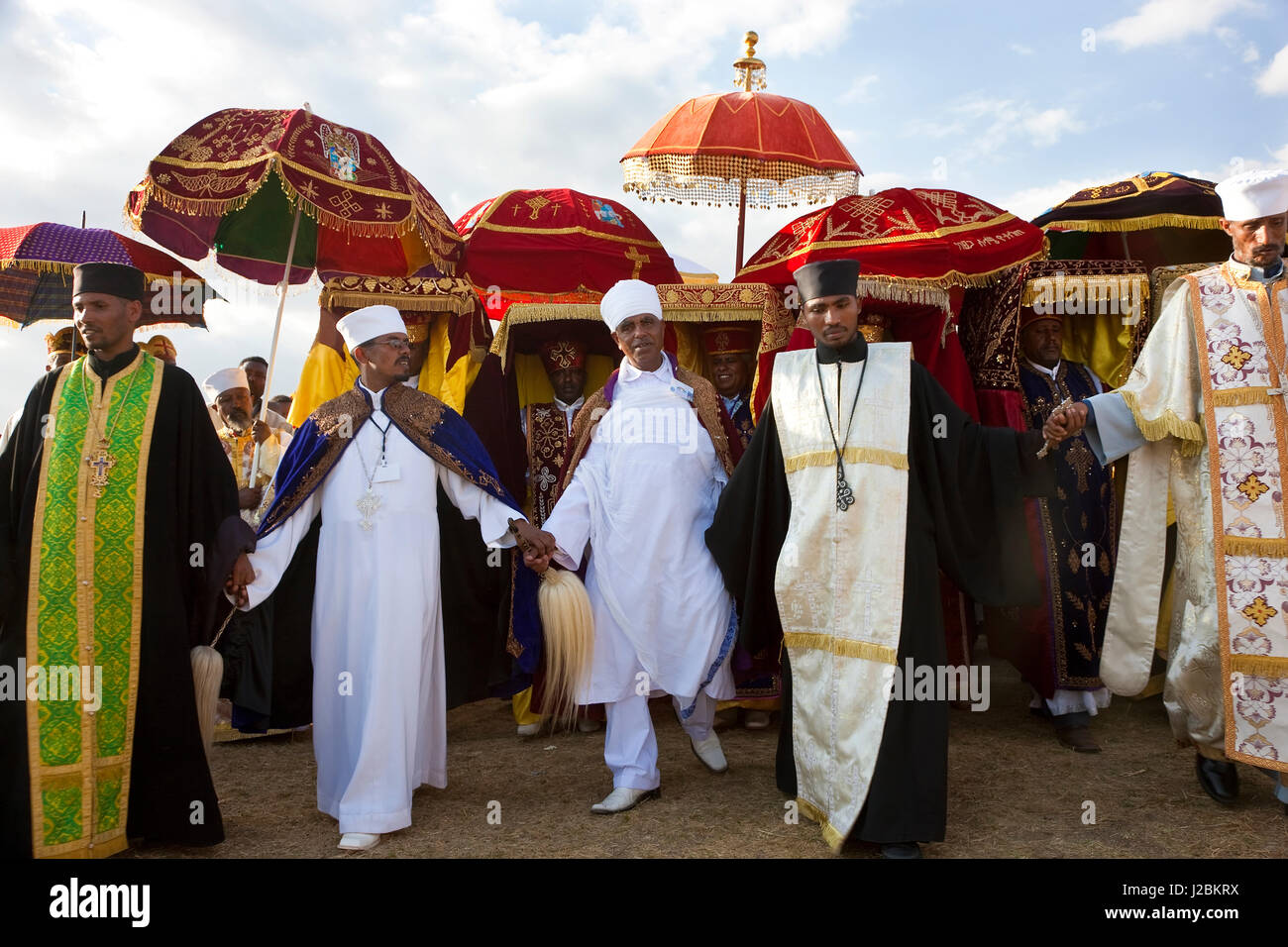 Priests carrying Ark of the Covenant replica's, procession of Timket (celebration of Epiphany, Christian Orthodox Church) Addis Ababa, Ethiopia Stock Photo