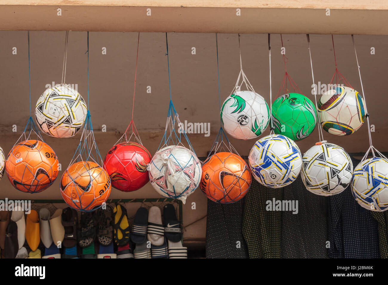 Africa Gambia Banjul Multiple Netted Soccer Balls Hanging