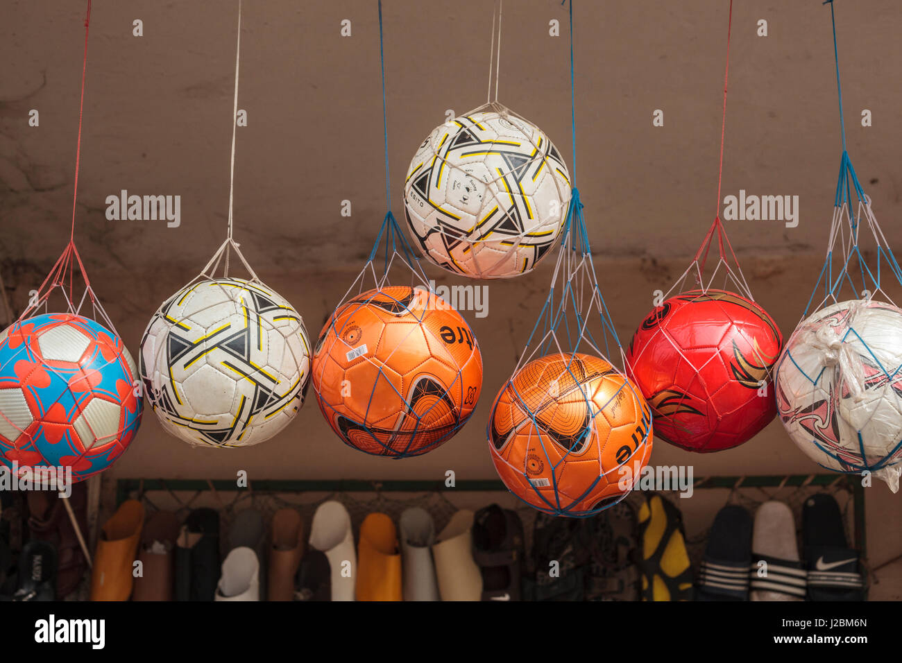 Africa Gambia Banjul Multiple Netted Soccer Balls Hanging
