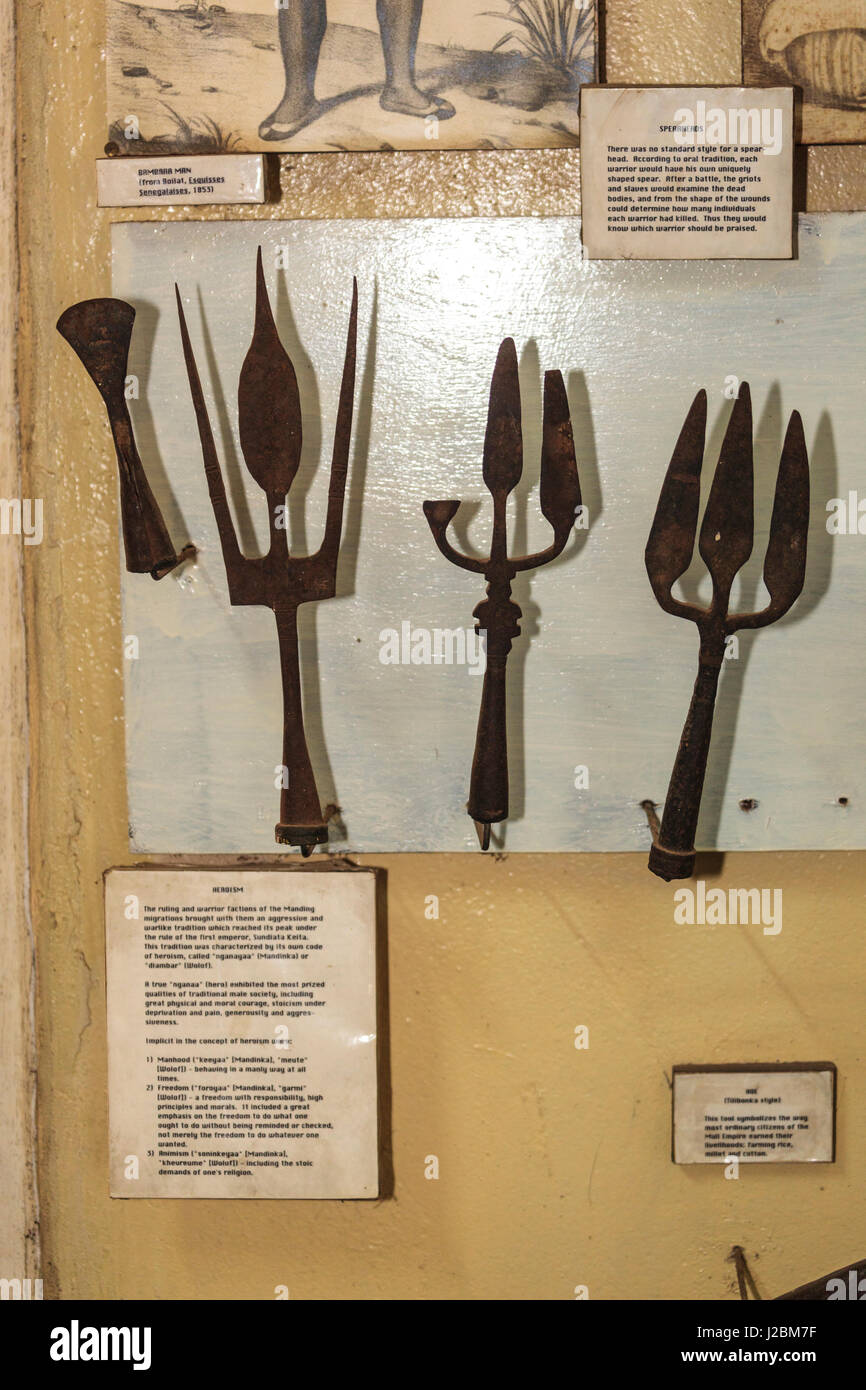 Africa, Gambia, Banjul. Traditional iron spearheads displayed in a ...