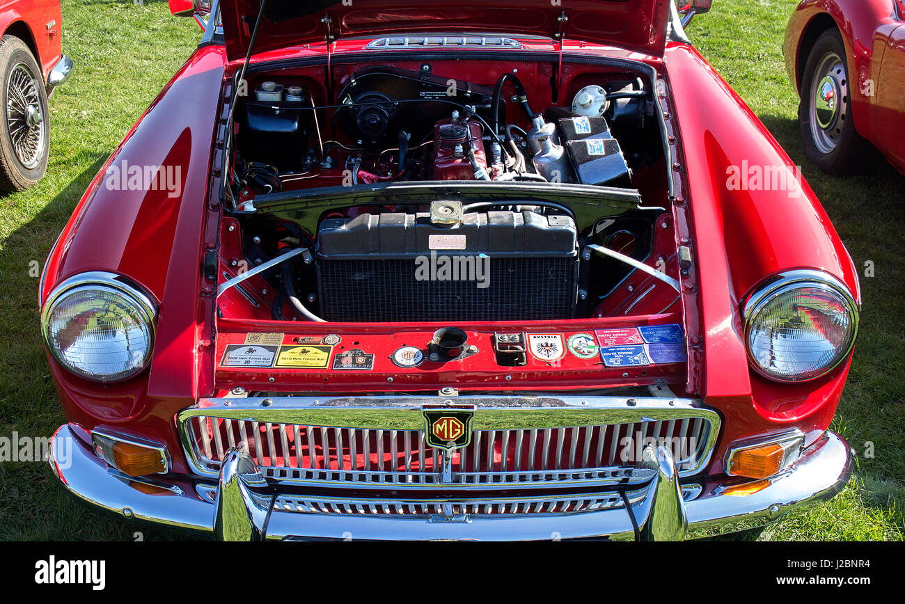 Close-up of engine compartment of an MGB Stock Photo