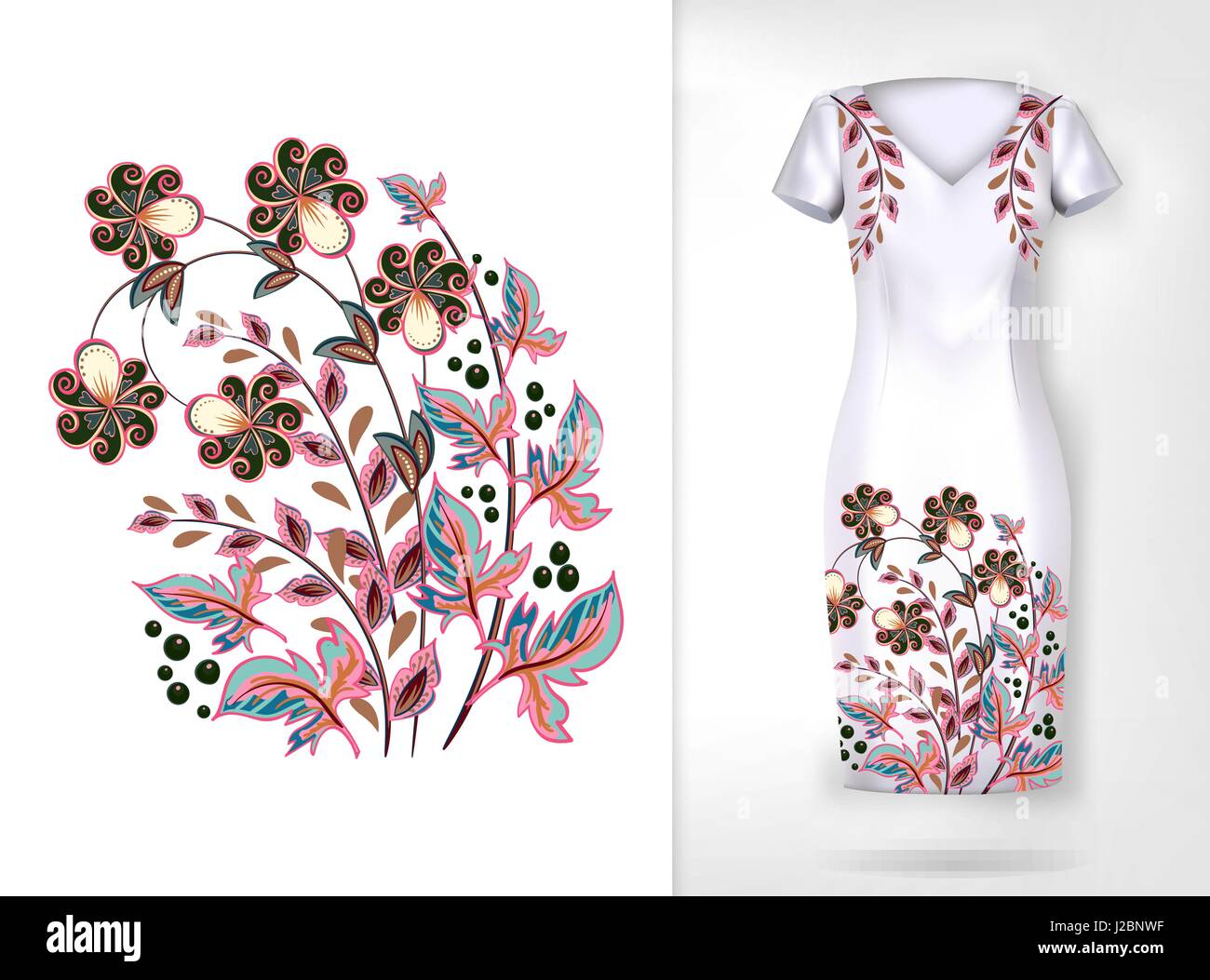 Embroidery colorful trend floral pattern. Vector traditional ornamental flowerspattern on dress