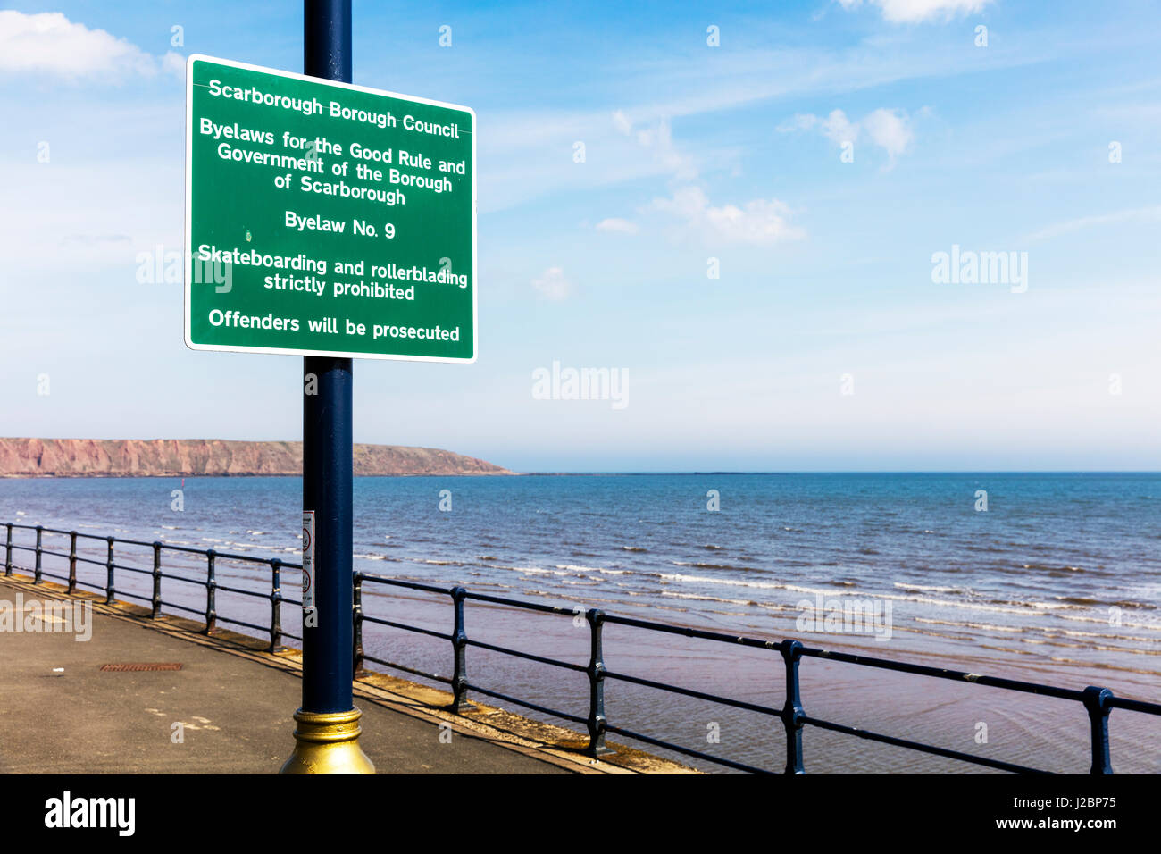 Scarborough borough council sign skateboarding & rollerblading strictly prohibited on Filey promenade Yorkshire UK England ban banned signs Stock Photo