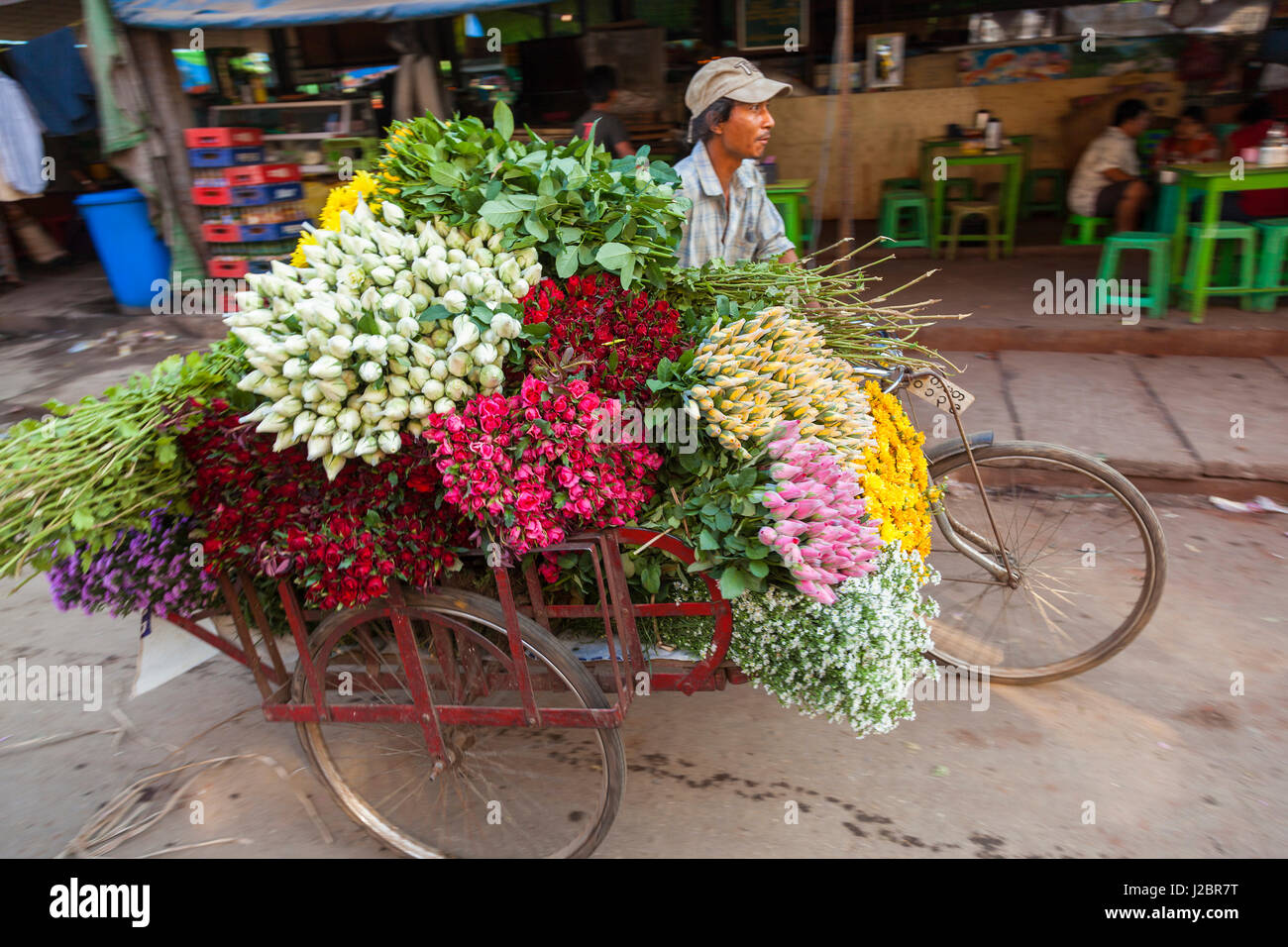 Cycle rickshaw, flower market, Yangon, (Rangoon), Myanmar (Burma Stock