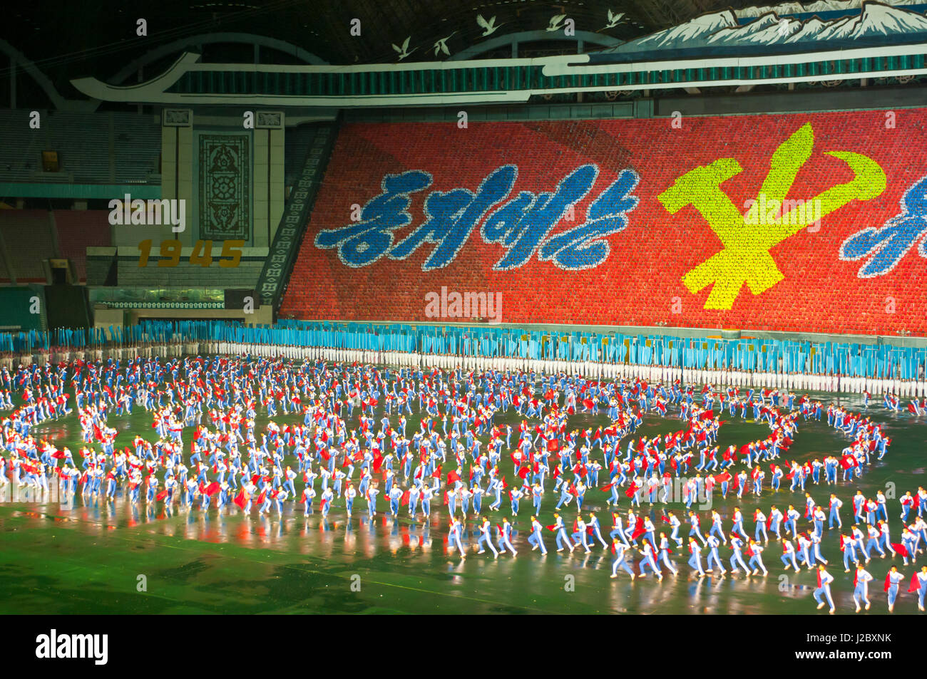 Dancers and acrobats at Arirang, Mass Games of North Korea Stock Photo