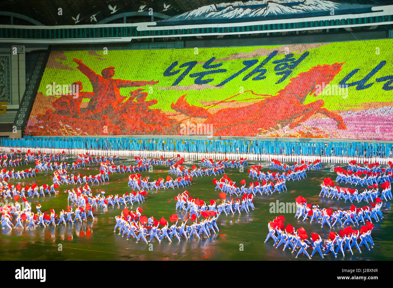 Dancers and acrobats at Arirang, Mass Games of North Korea Stock Photo