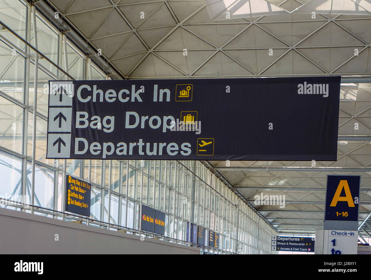 Check In, Bag Drop, Departures sign, London Stansted Airport Stock Photo