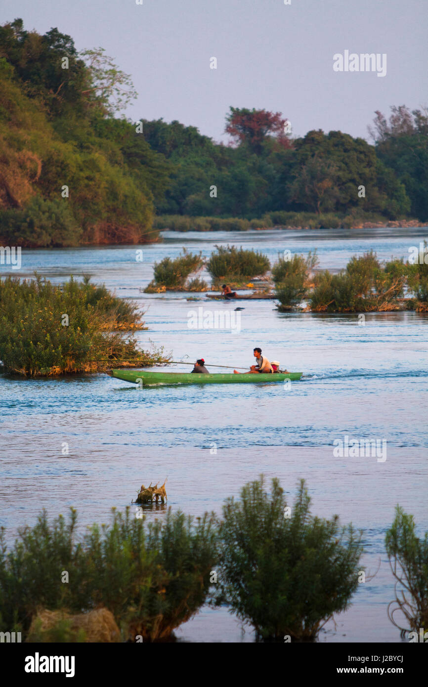 The island of Don Det is an upcoming backpacker stop on the Mekong River along the Cambodia and Laos border. Stock Photo