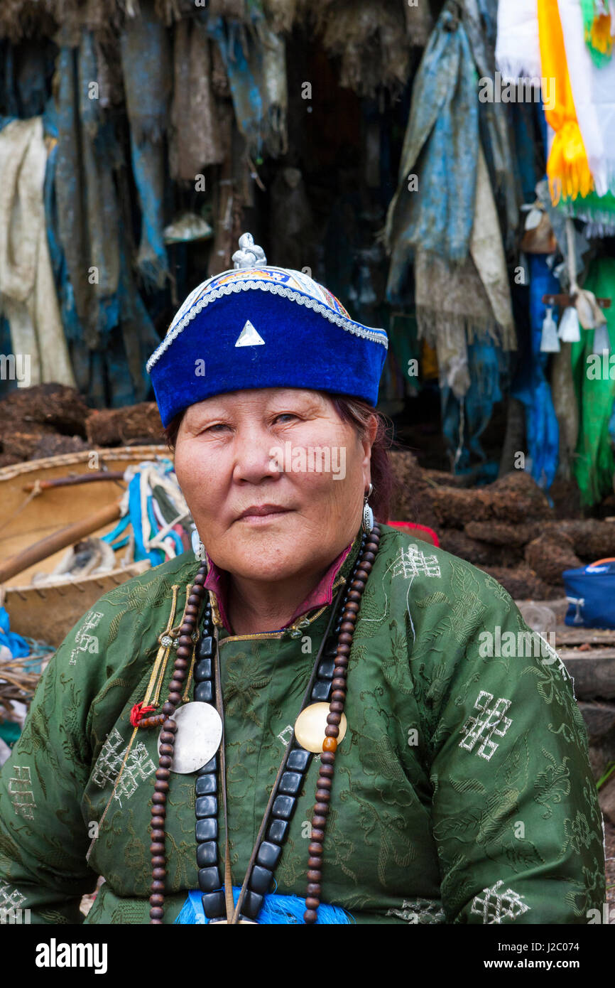 Shaman lady. Shaman ceremony. Lake Hovsgol, Mongolia. Stock Photo