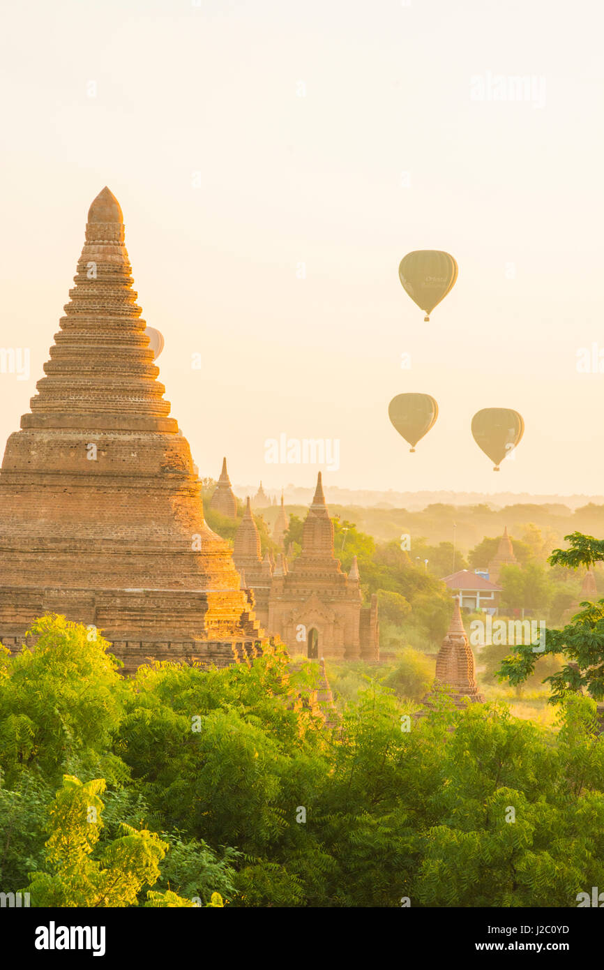 Myanmar. Bagan. Hot air balloons rising over the temples of Bagan. Stock Photo