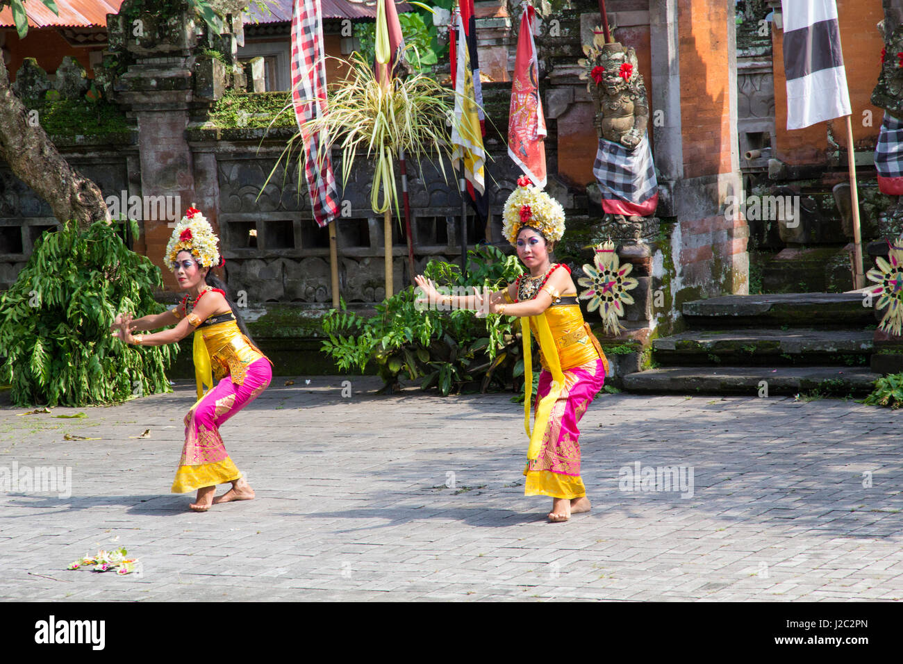 Indonesia, Bali. Girls Dressed in Traditional Dancing Costume, Legong Dancers with Frangipani floral headdress. (Editorial Use Only) Stock Photo