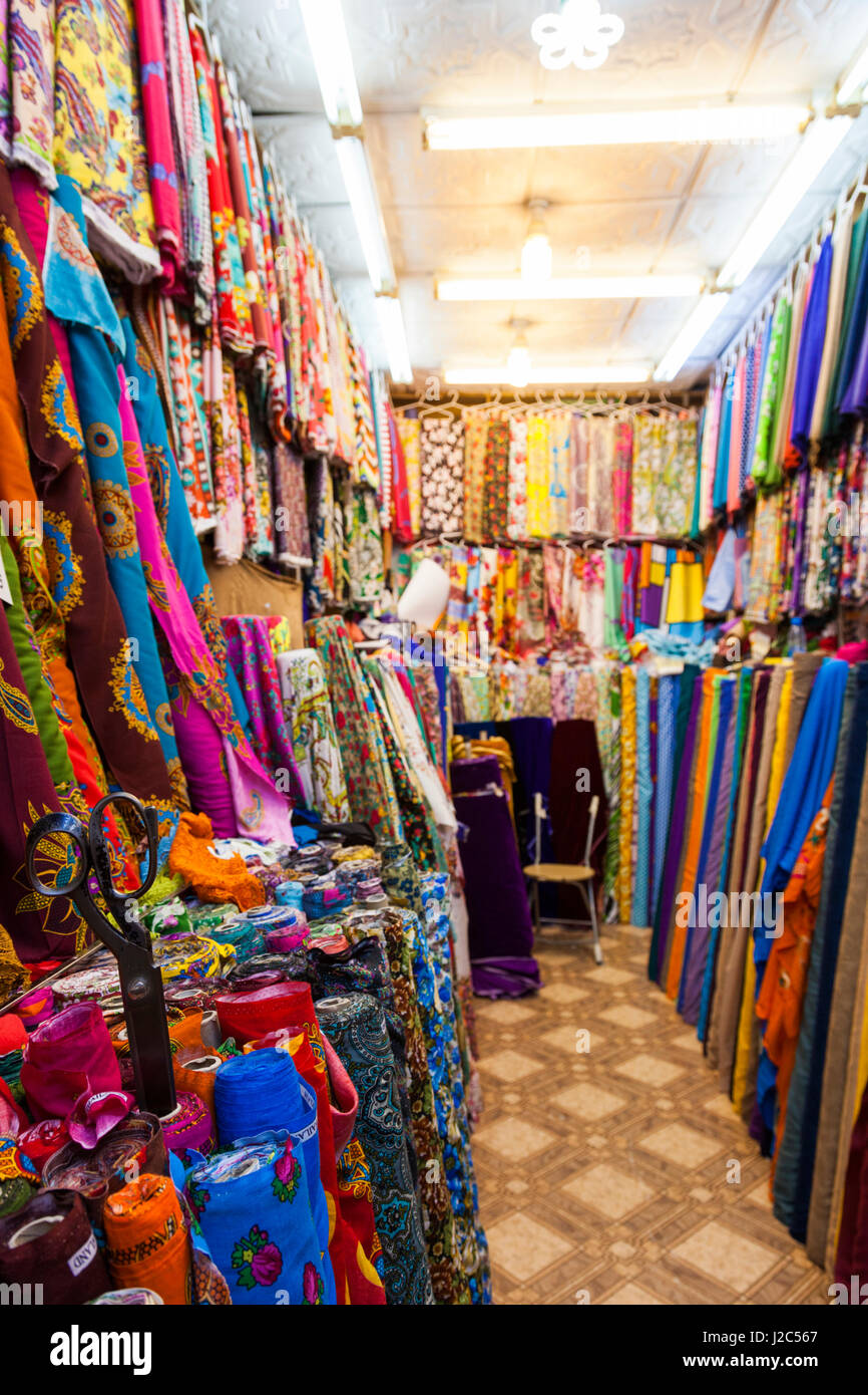 Qatar, Doha, Souq Waqif, redeveloped bazaar area, fabric shop interior
