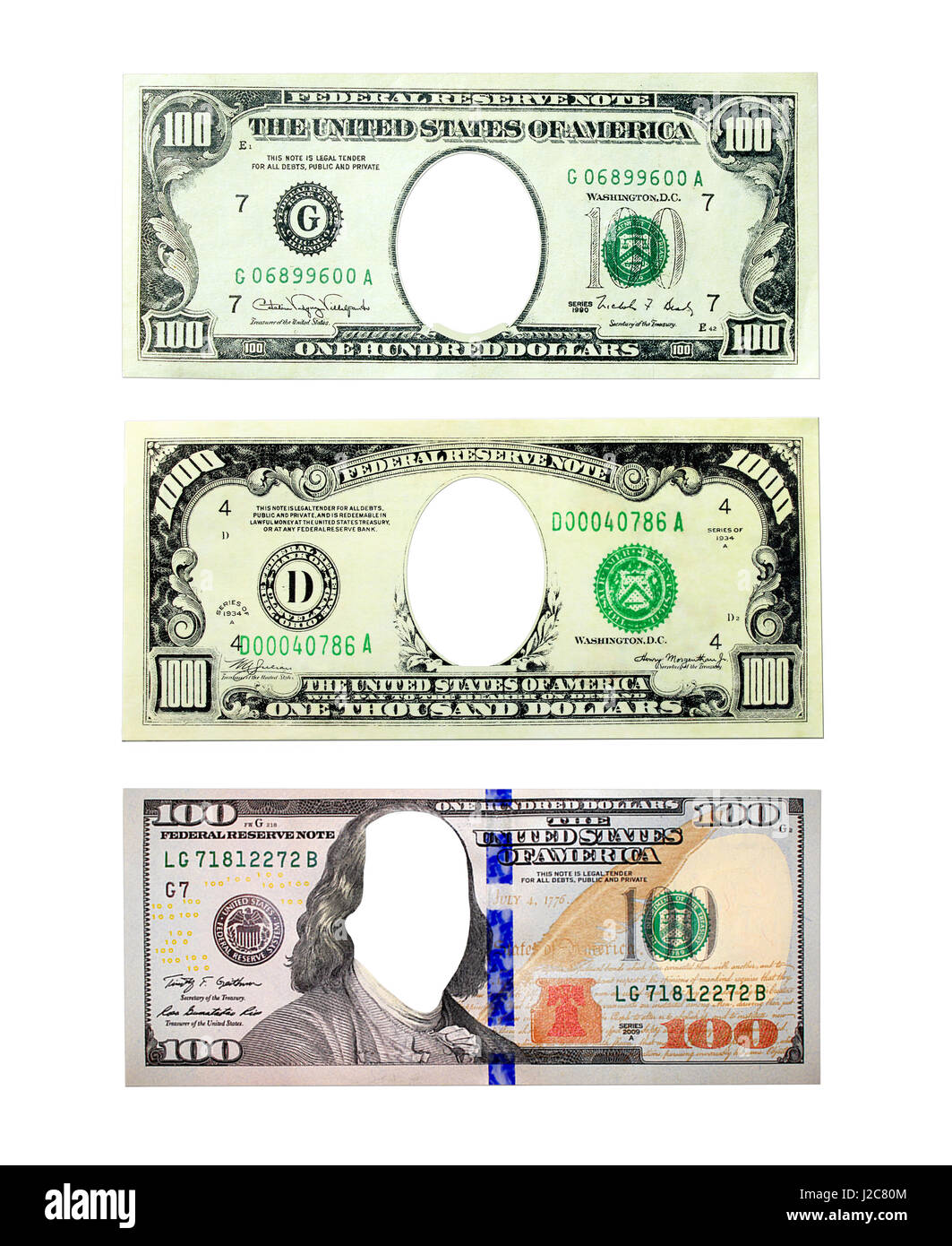 one hundred dollar note and one thousand note with hole instead ...