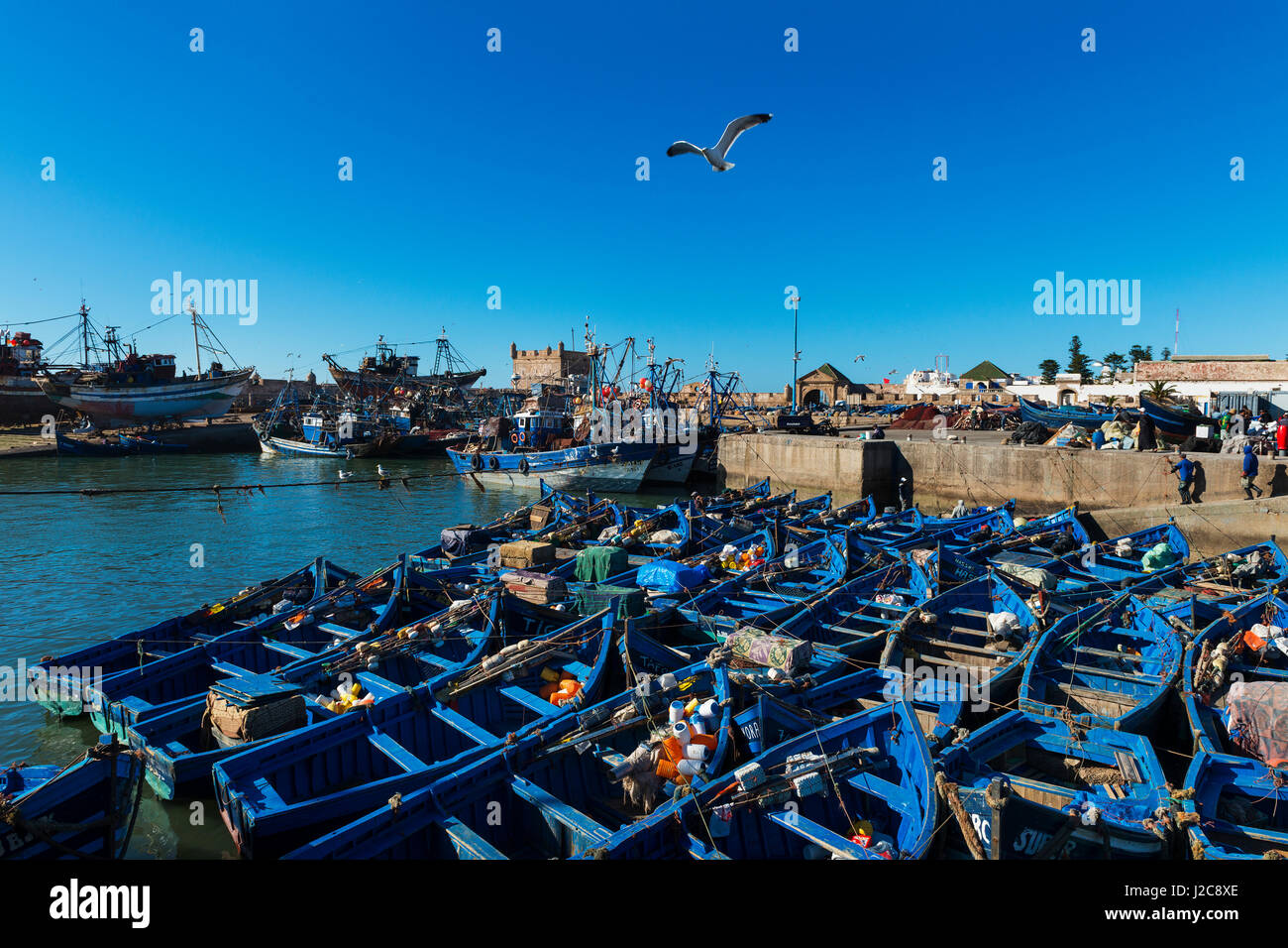 Essaouira, Morocco - April 15, 2015: View the fishing harbour of Essaoira with the traditional fishing boats in the Atlantic Coast of Morocco, Norther Stock Photo